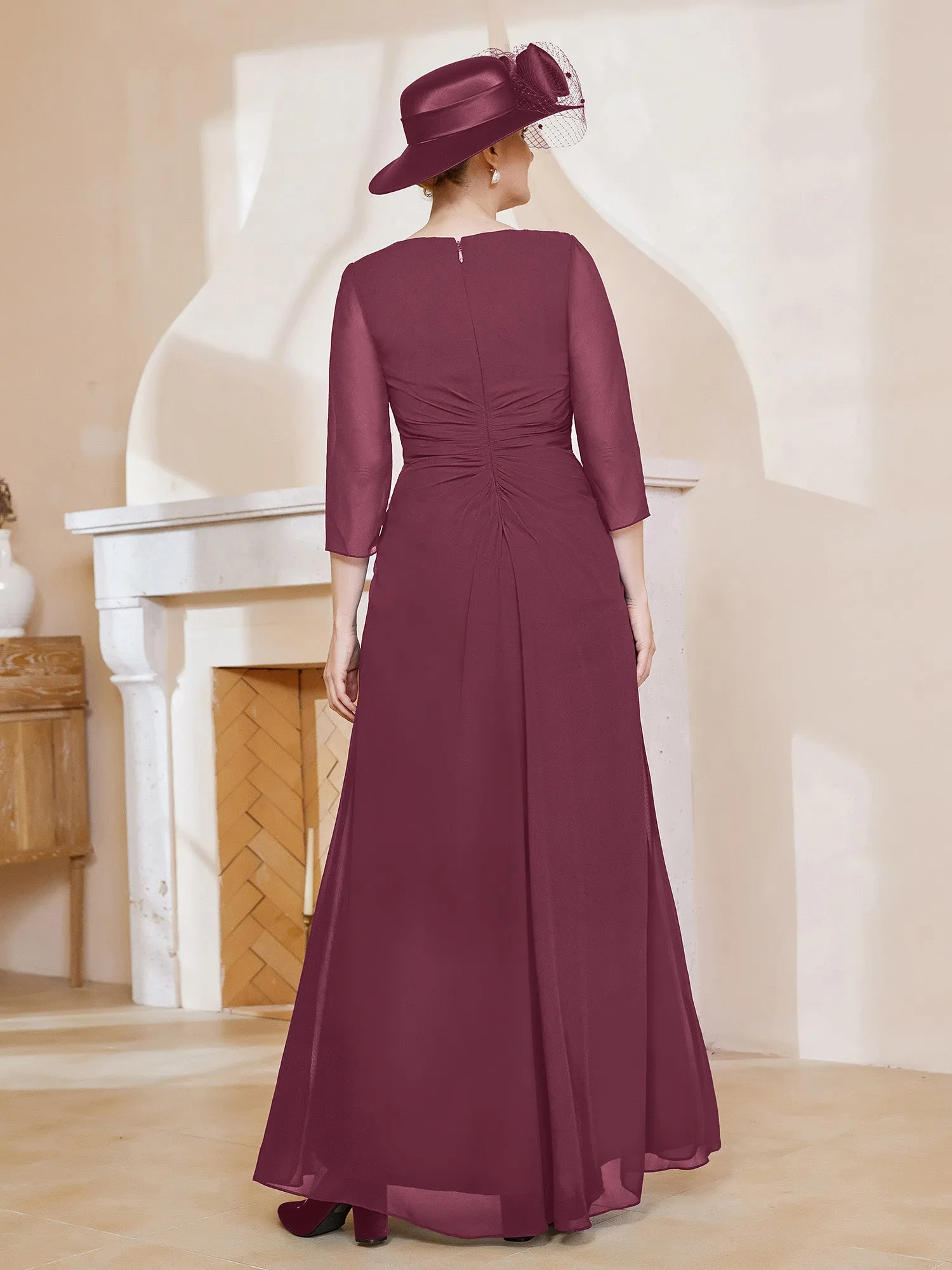 3/4-Length Sleeves V-neck Pleated Long Dress Mulberry
