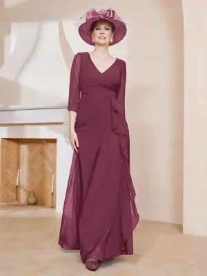 3/4-Length Sleeves V-neck Pleated Long Dress Mulberry