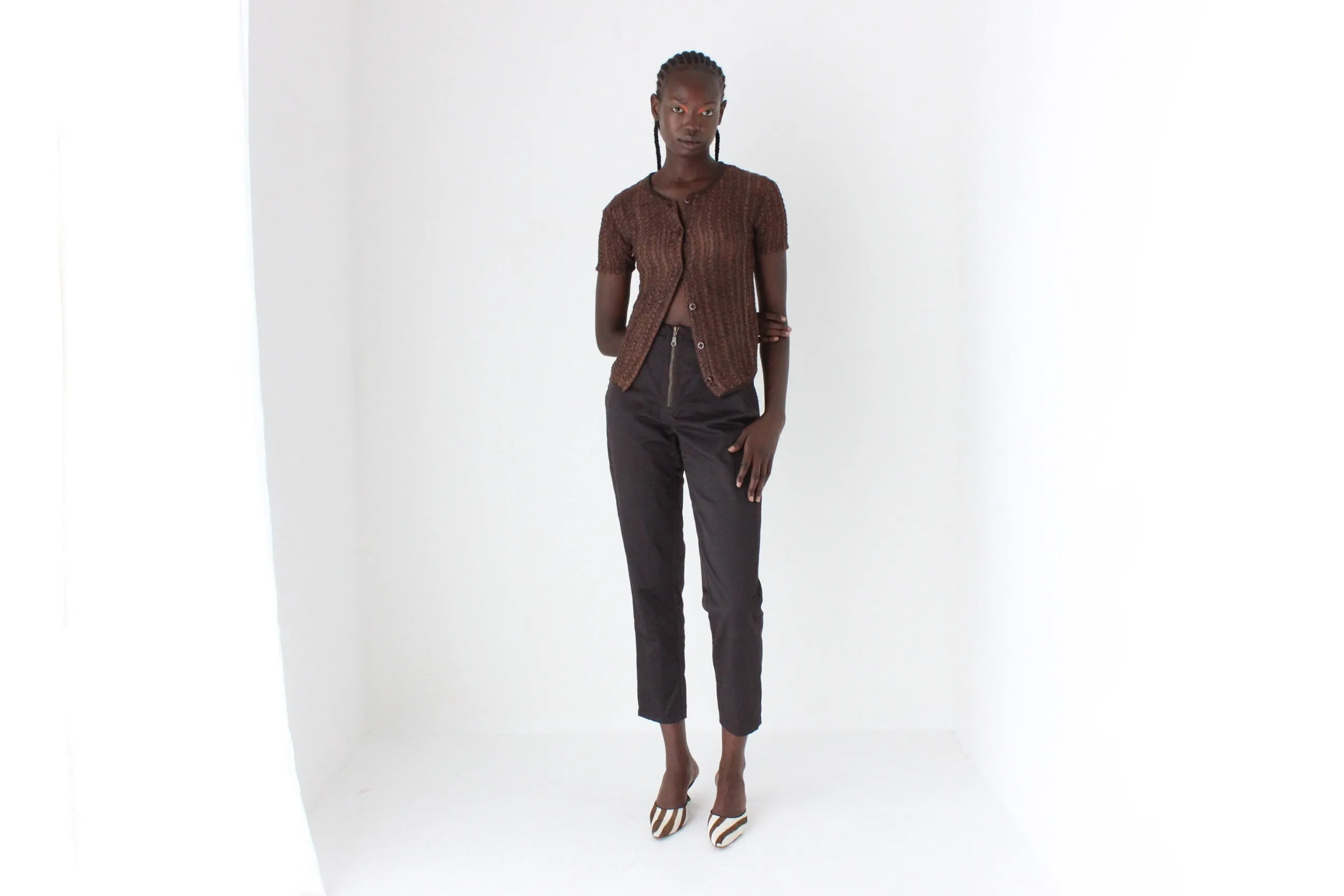 90s Unusual Textural Choc Nylon Trousers
