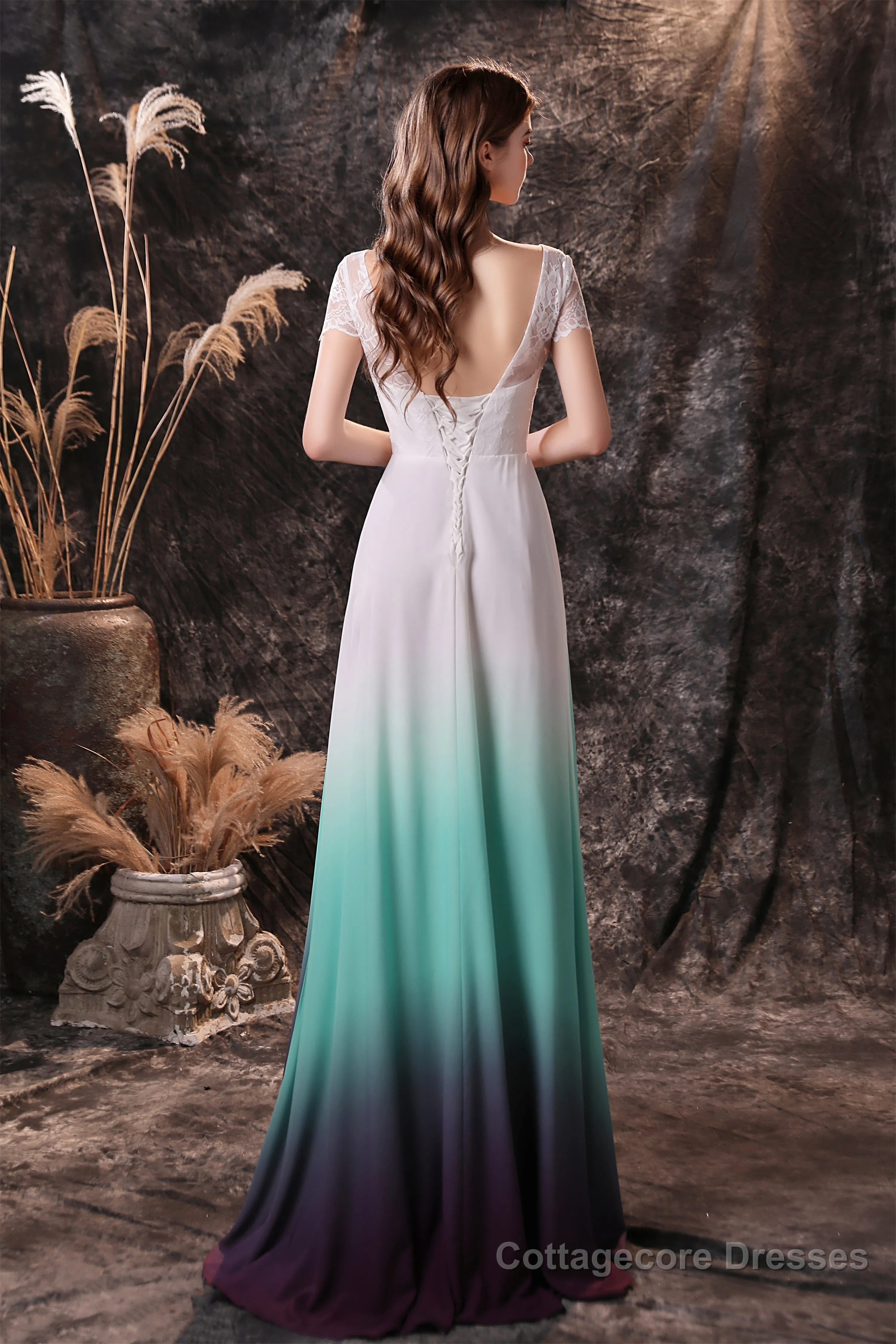 A Line Cap Sleeve Ombre Silk Floor Length Prom Dresses