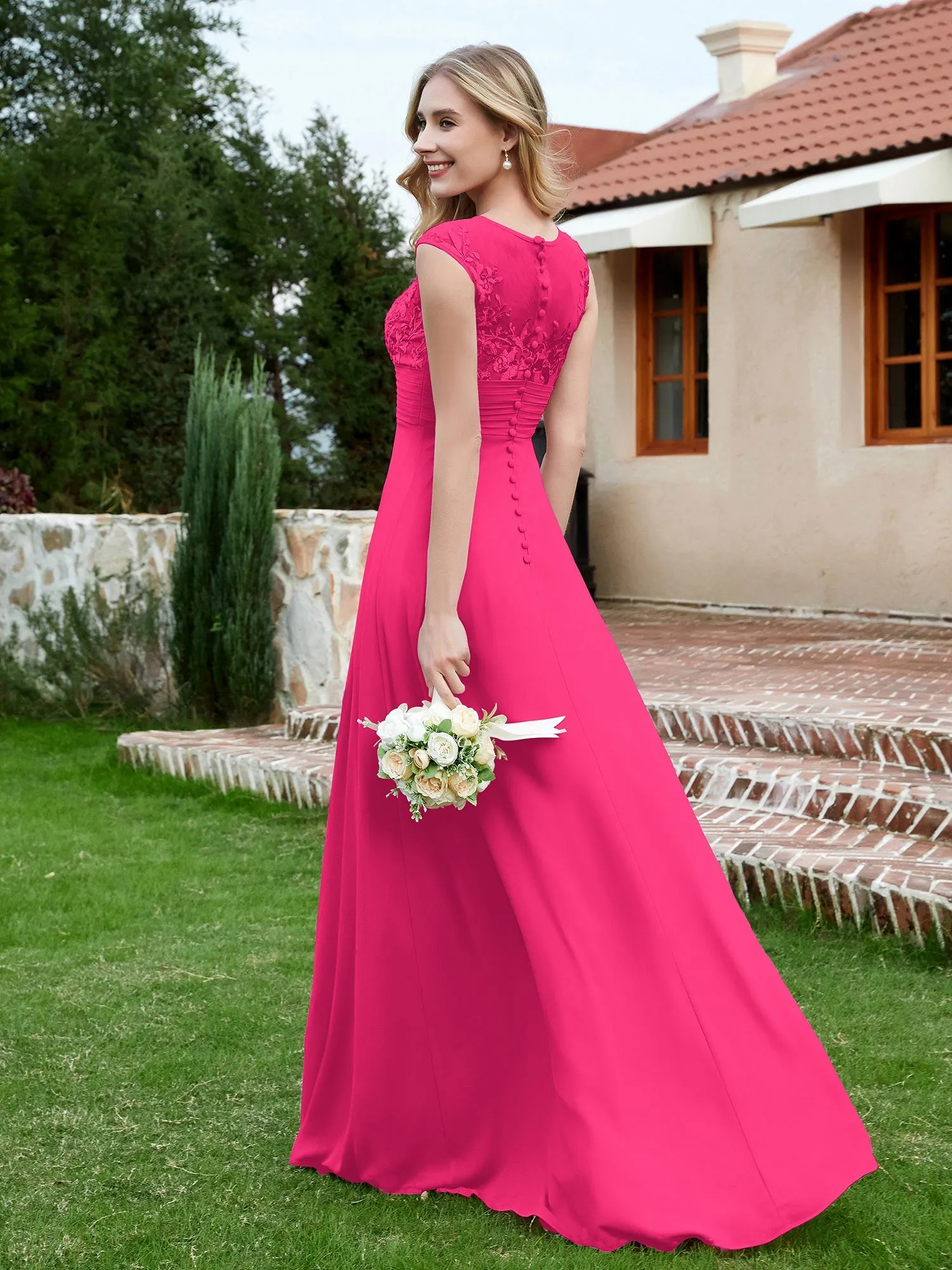 A-Line Chiffon Dress with Illusion Neckline Fuchsia Plus Size