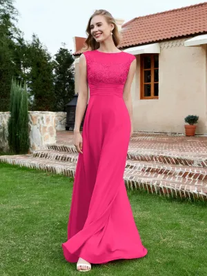 A-Line Chiffon Dress with Illusion Neckline Fuchsia Plus Size
