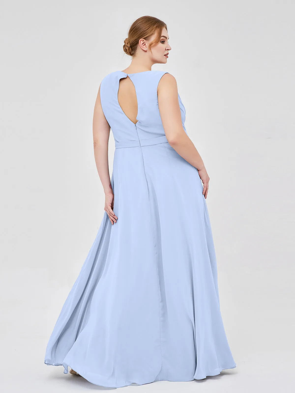 A-line Chiffon Open Back Dress With V-Neck Sky Blue