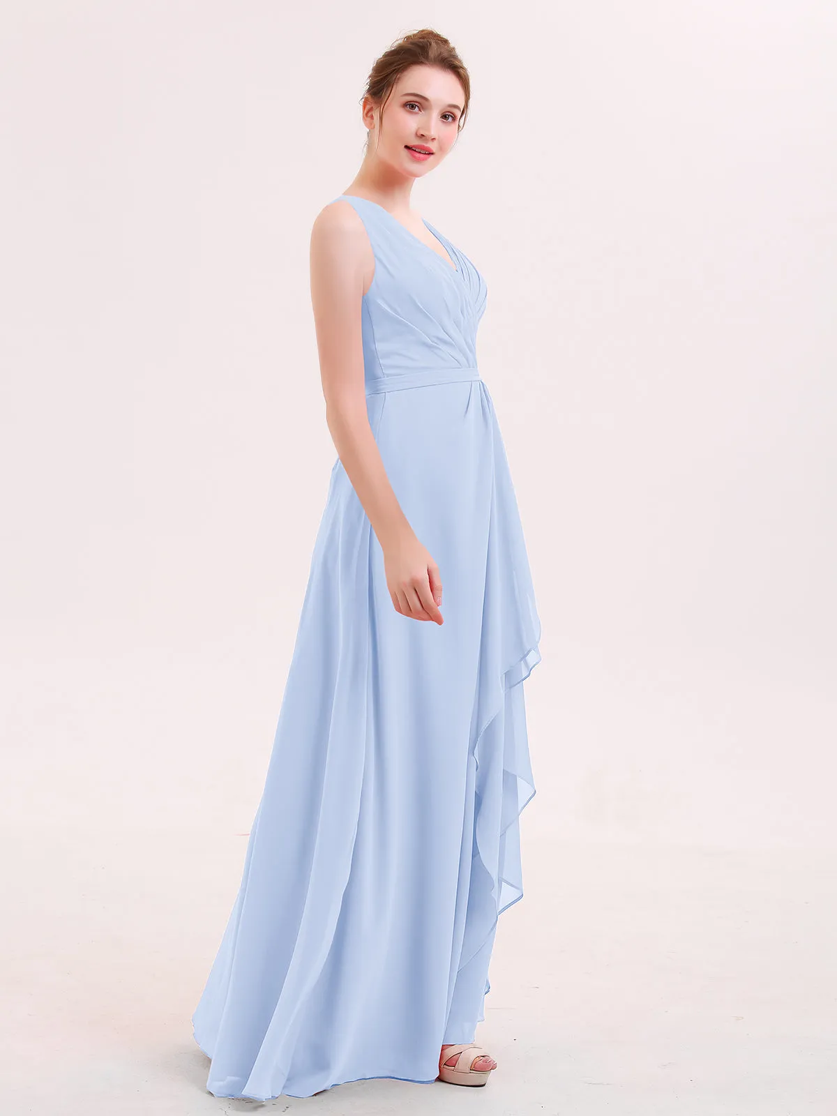 A-line Chiffon Open Back Dress With V-Neck Sky Blue