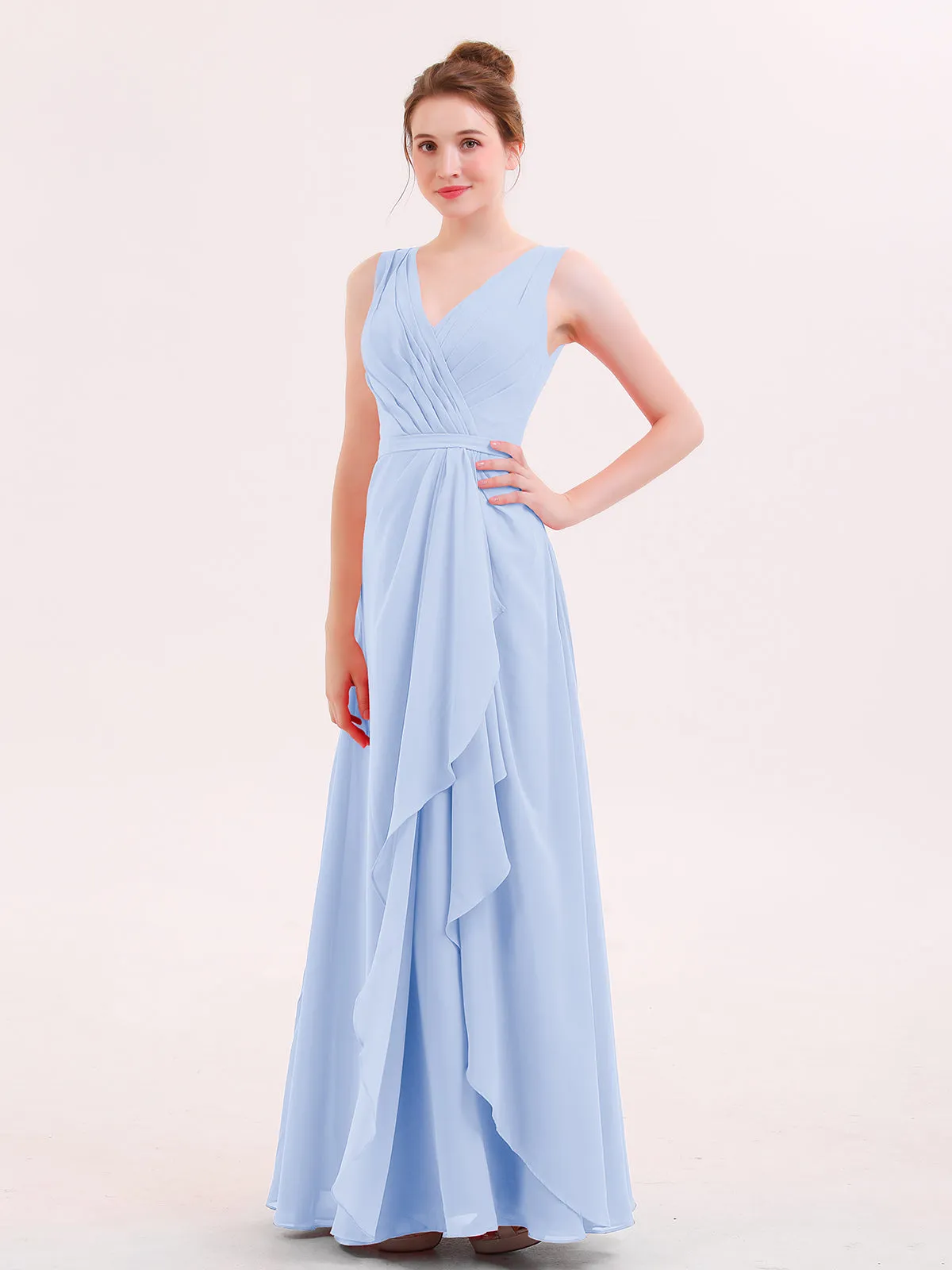A-line Chiffon Open Back Dress With V-Neck Sky Blue