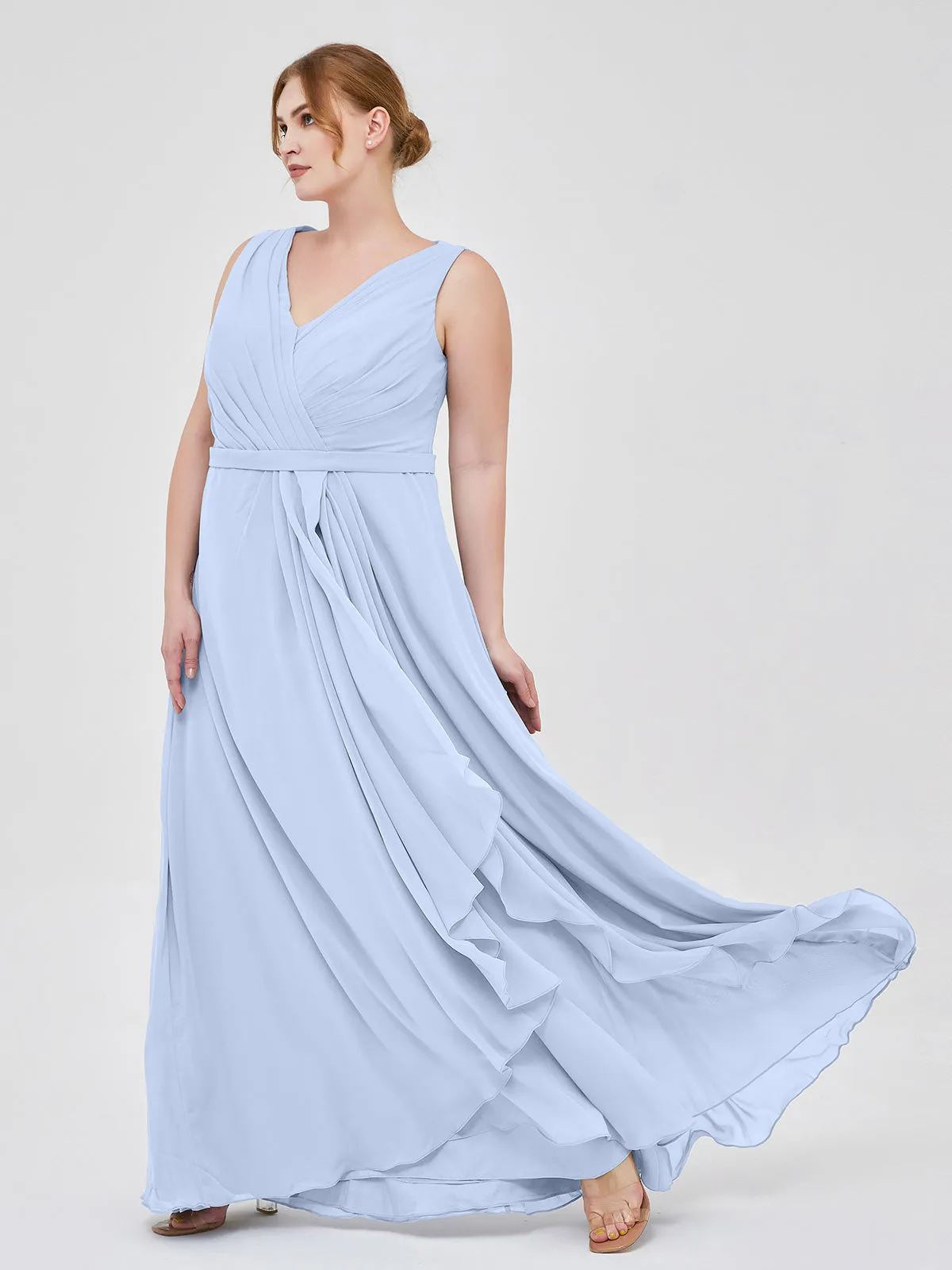 A-line Chiffon Open Back Dress With V-Neck Sky Blue