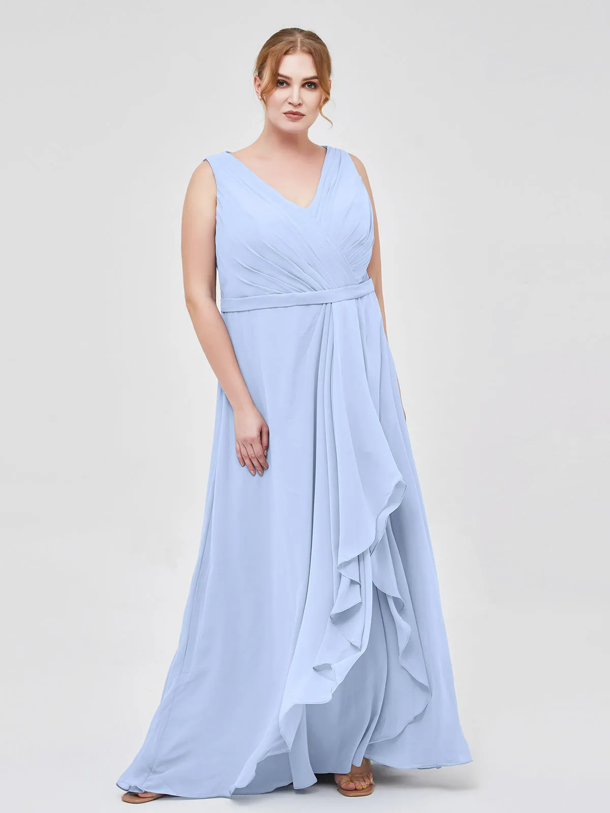 A-line Chiffon Open Back Dress With V-Neck Sky Blue