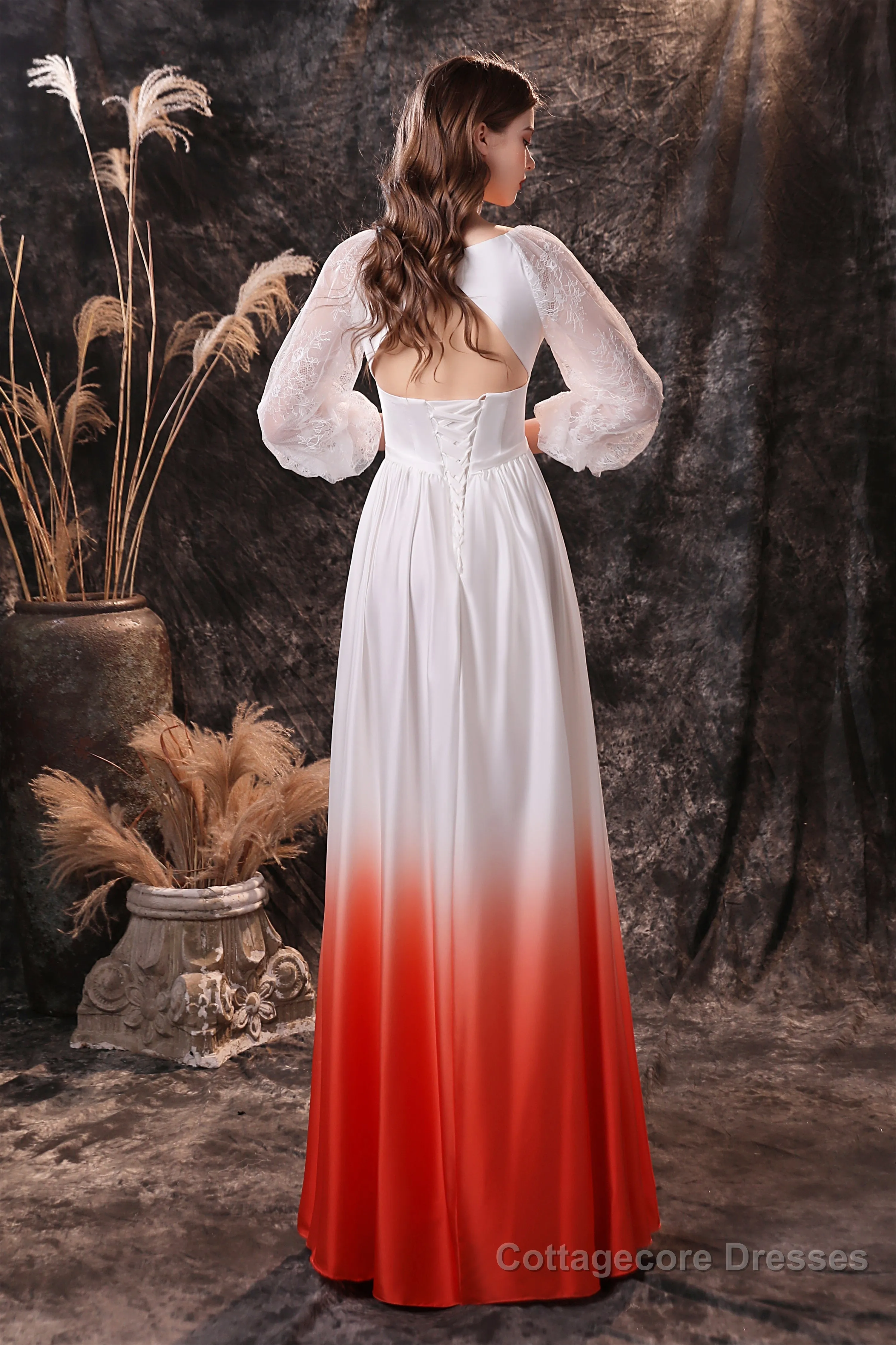 A Line Deep V-Neck Long Sleeve Ombre Silk Like Floor Length Prom Dresses