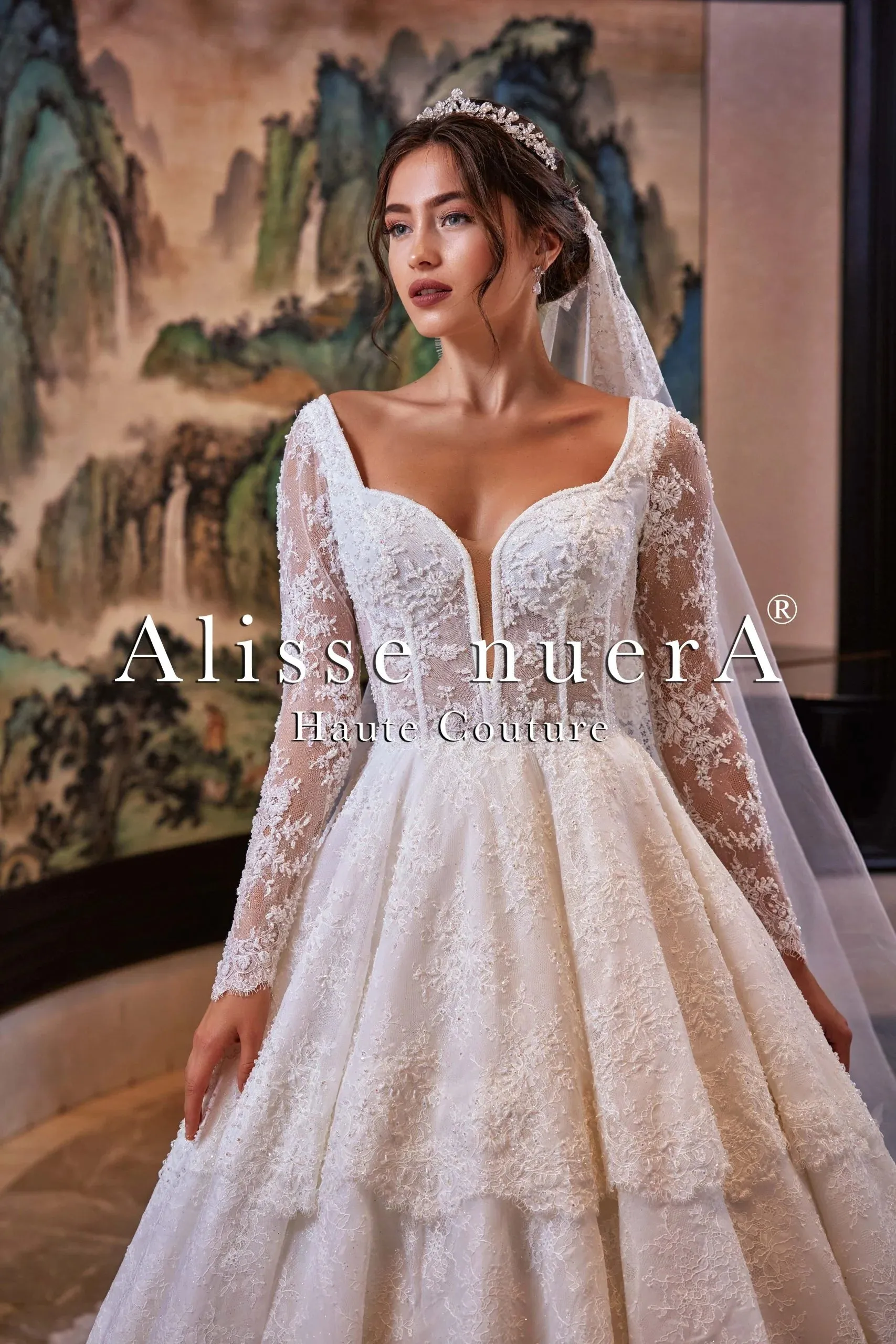 A Line French Lace Wedding Gown with Mid Train