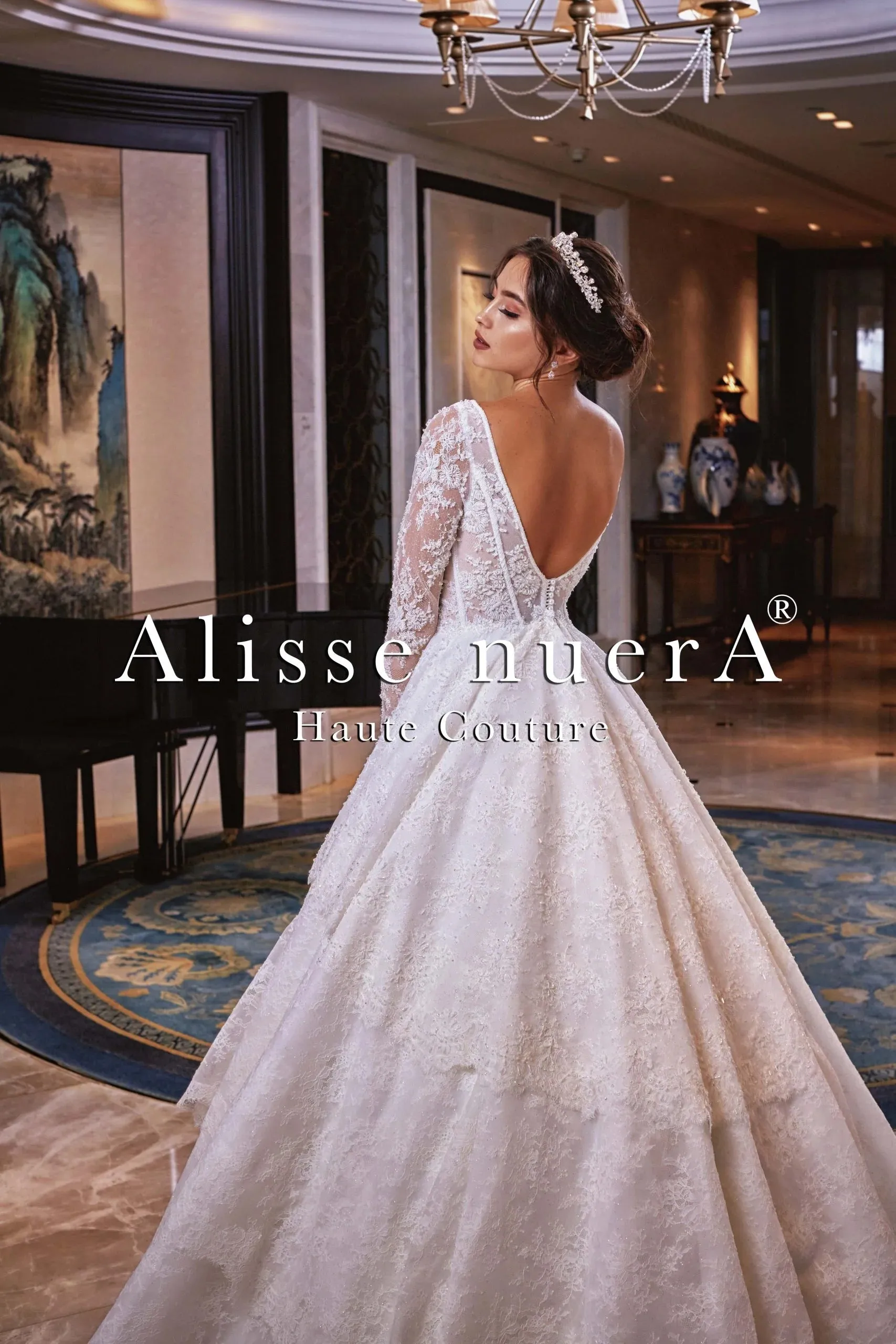 A Line French Lace Wedding Gown with Mid Train