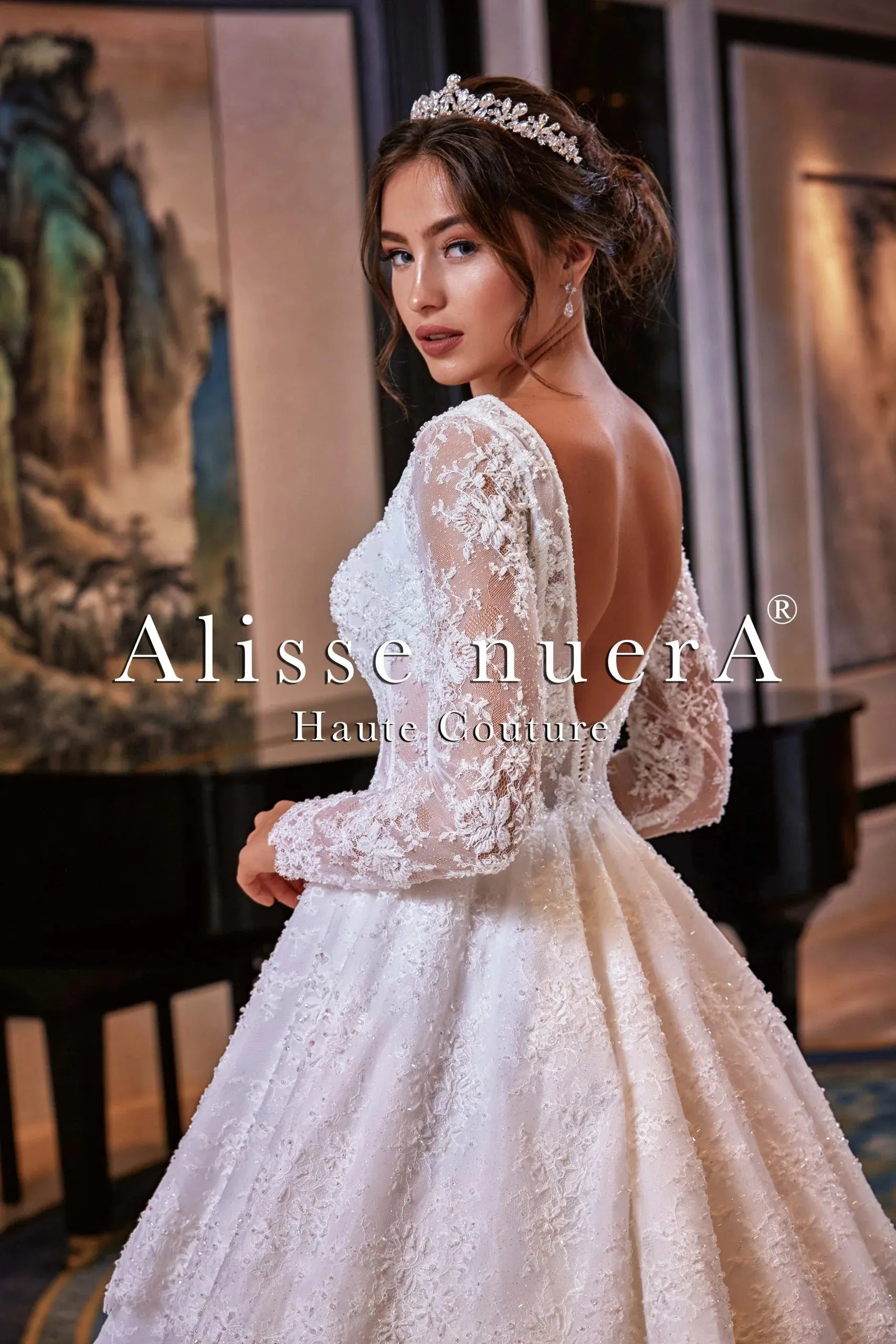 A Line French Lace Wedding Gown with Mid Train
