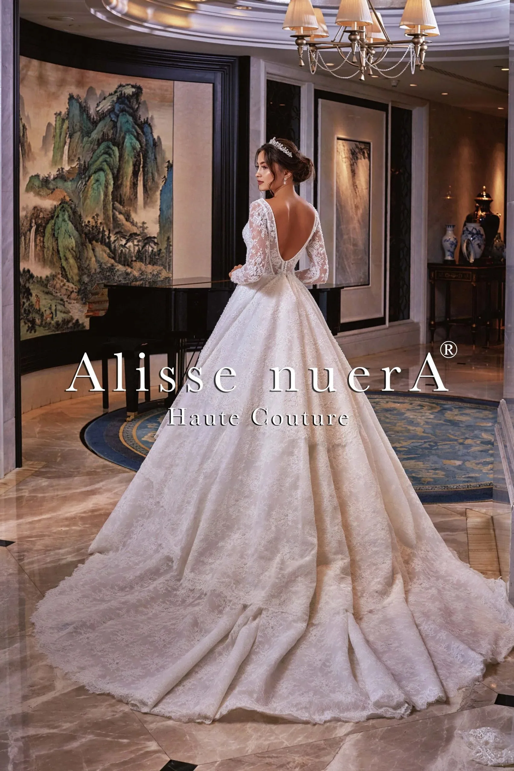 A Line French Lace Wedding Gown with Mid Train