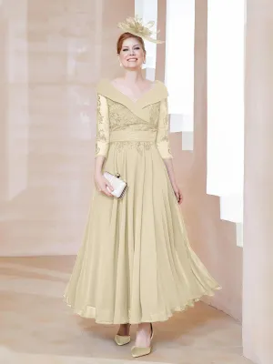A-line V-neck Appliqued Chiffon Dress Champagne