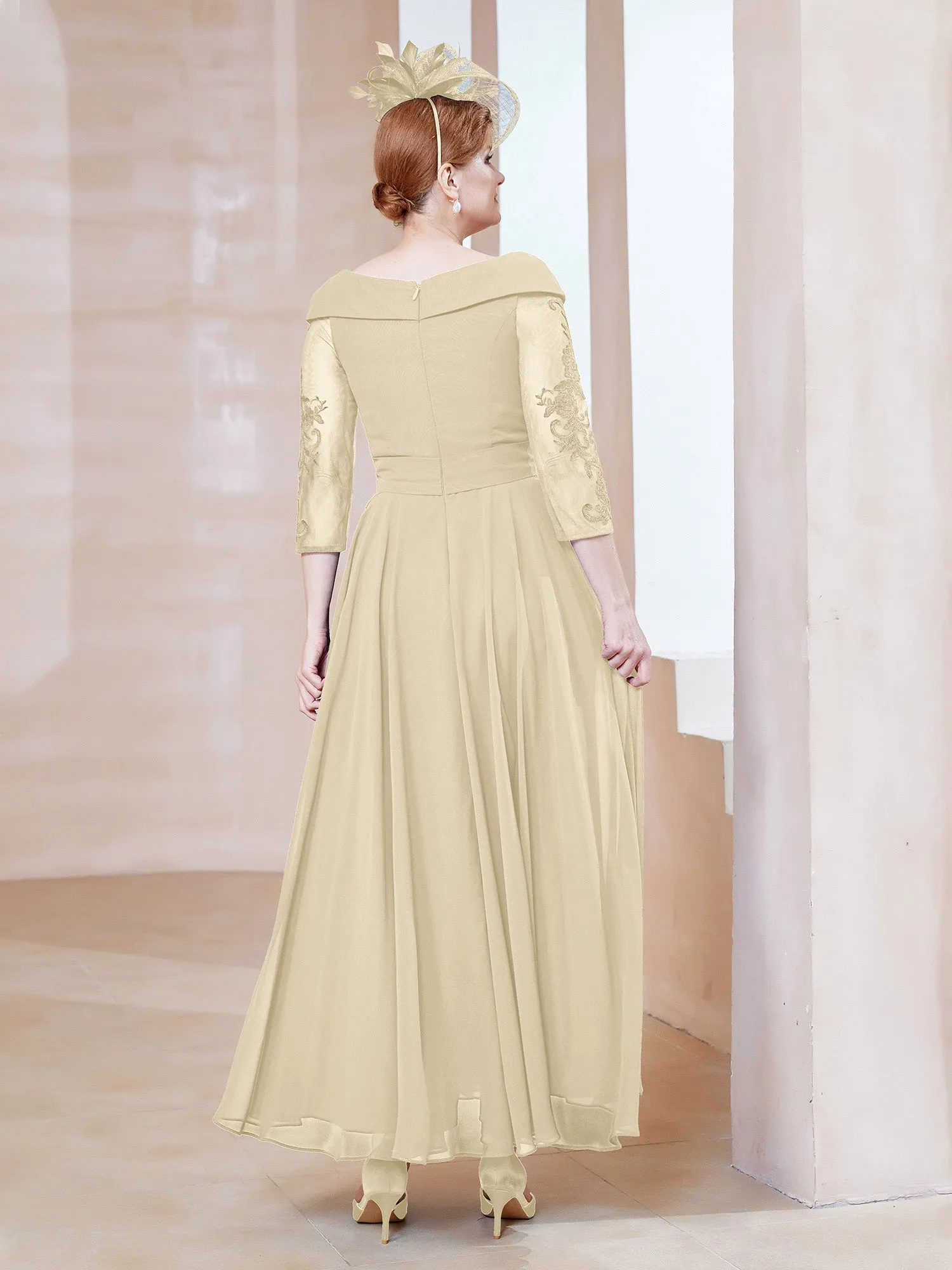 A-line V-neck Appliqued Chiffon Dress Champagne