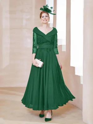 A-line V-neck Appliqued Chiffon Dress Dark Green