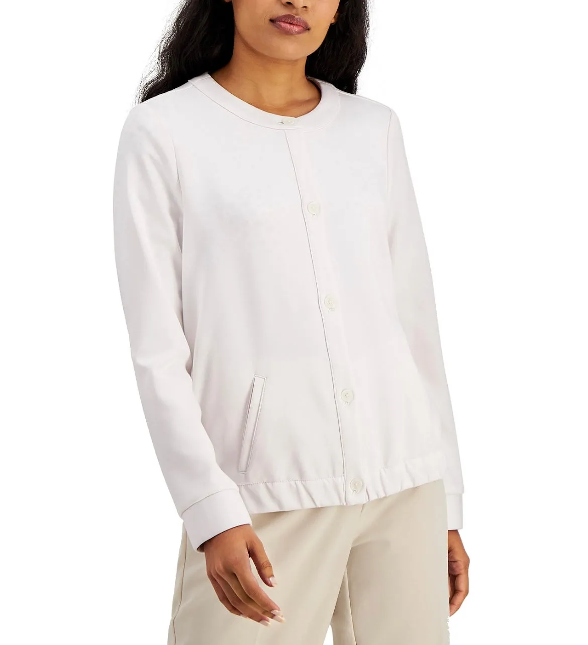 Alfani Women's Crewneck Button-Front Jacket Oat Milk Size L
