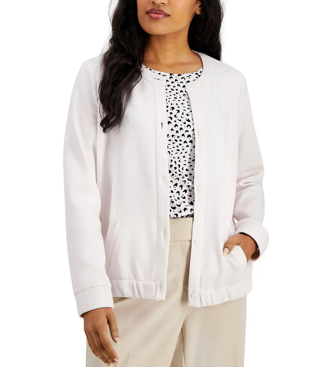 Alfani Women's Crewneck Button-Front Jacket Oat Milk Size L