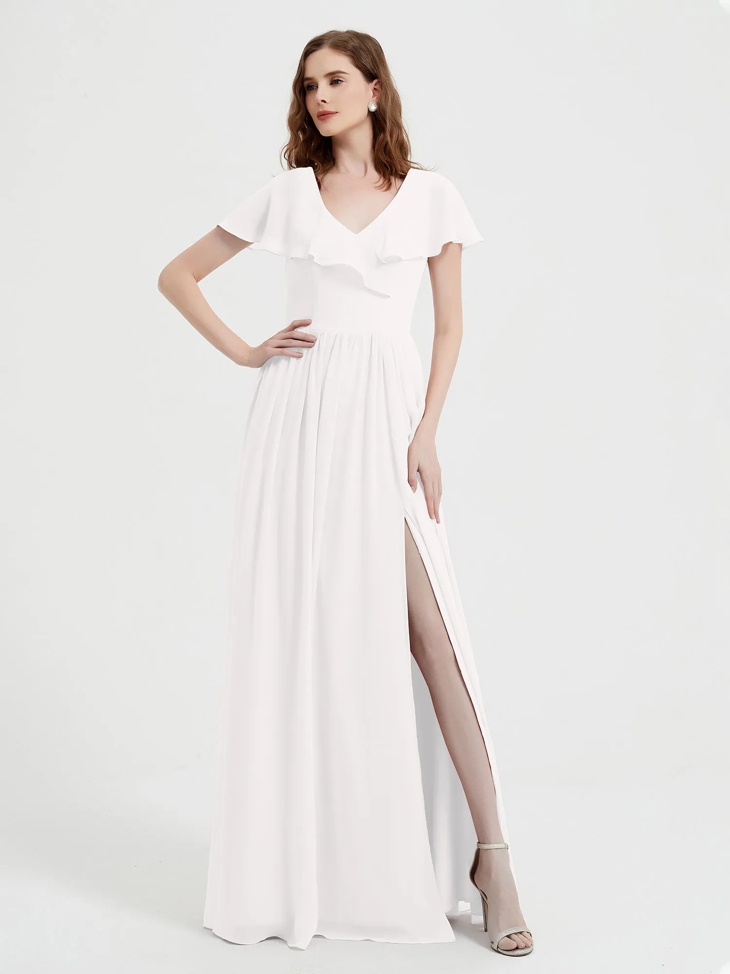 Cap Sleeves Long Chiffon Dresses with Slit-Ivory Plus Size