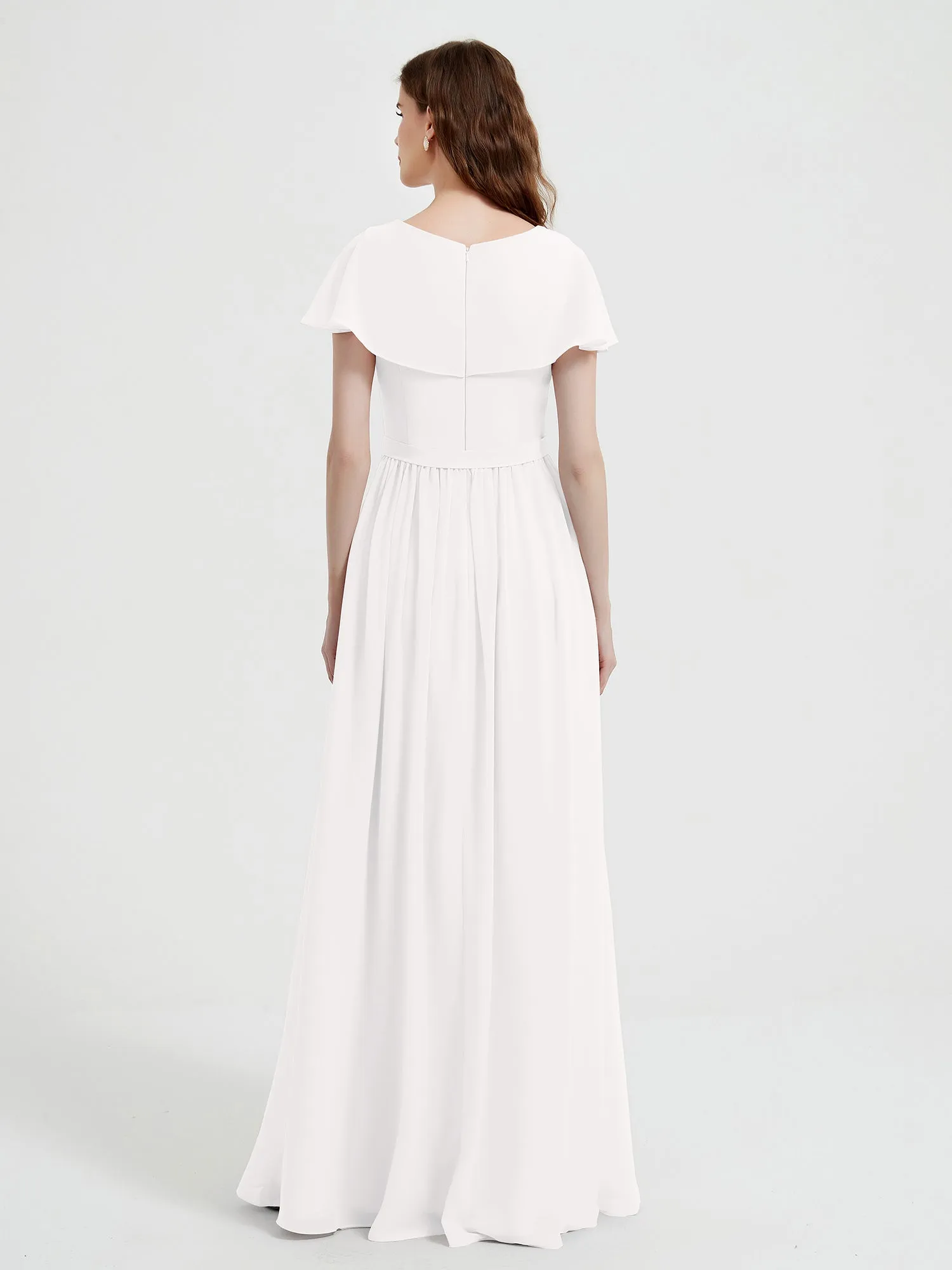 Cap Sleeves Long Chiffon Dresses with Slit-Ivory Plus Size