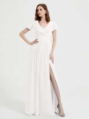 Cap Sleeves Long Chiffon Dresses with Slit-Ivory Plus Size