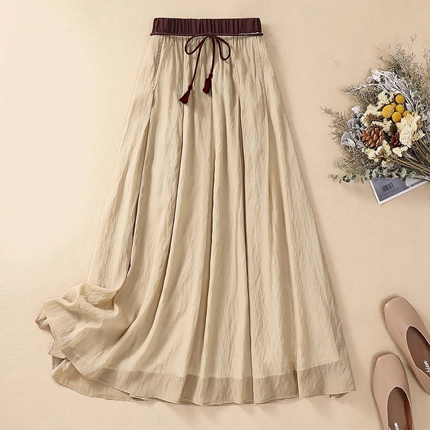 Cotton Linen Skirts for Women 2024 Summer A-Line Elastic High Waist Front Strap Solid Skirt Vintage Midi Skirts