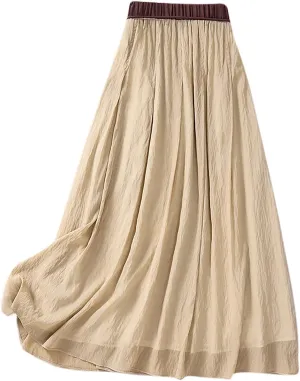 Cotton Linen Skirts for Women 2024 Summer A-Line Elastic High Waist Front Strap Solid Skirt Vintage Midi Skirts