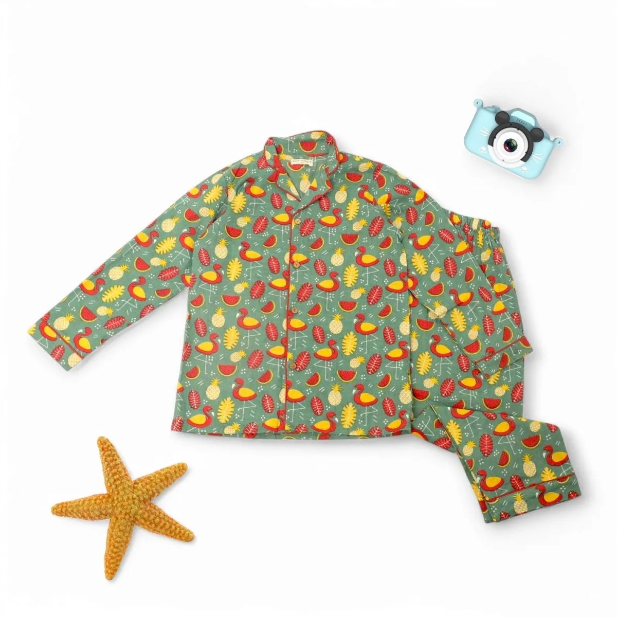 Cotton Unisex Kids Watermelon Pineapple Print Nightsuit – Shirt & Pants Set
