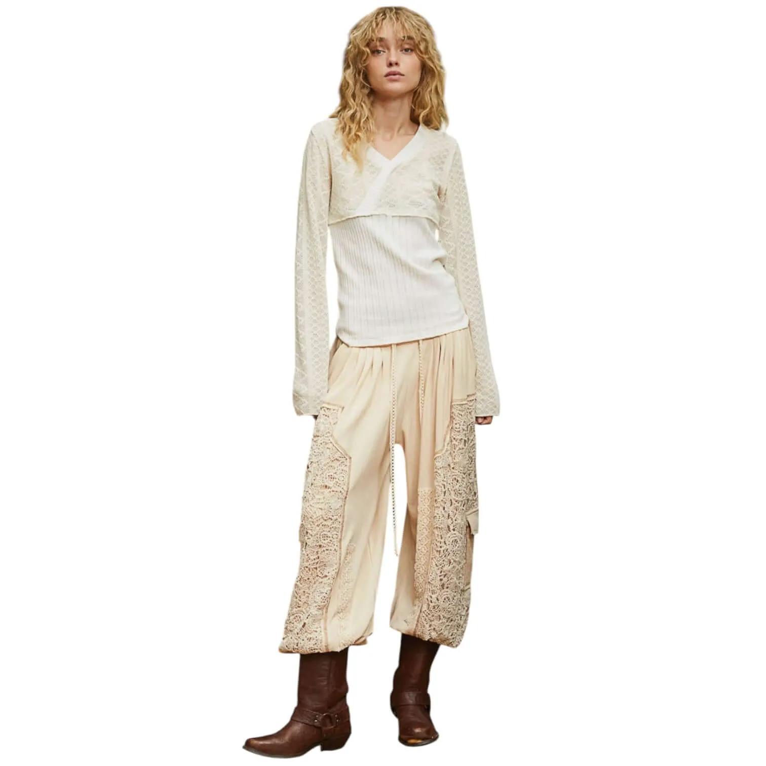 Crochet Mix Solid Pattern Thermal Bottom - Almond