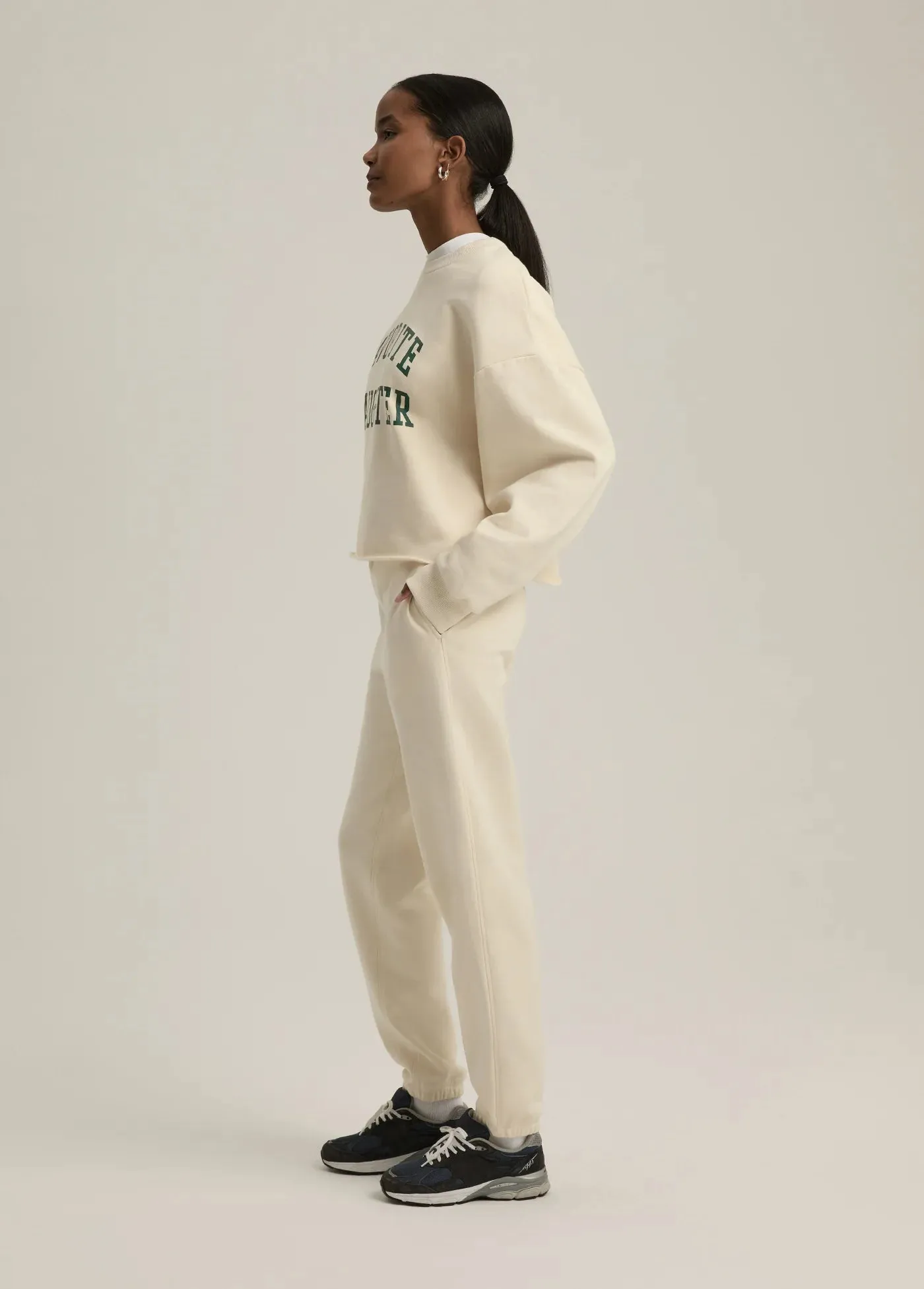 Cropped Collegiate Sweatshirt in Gardenia with Emerald