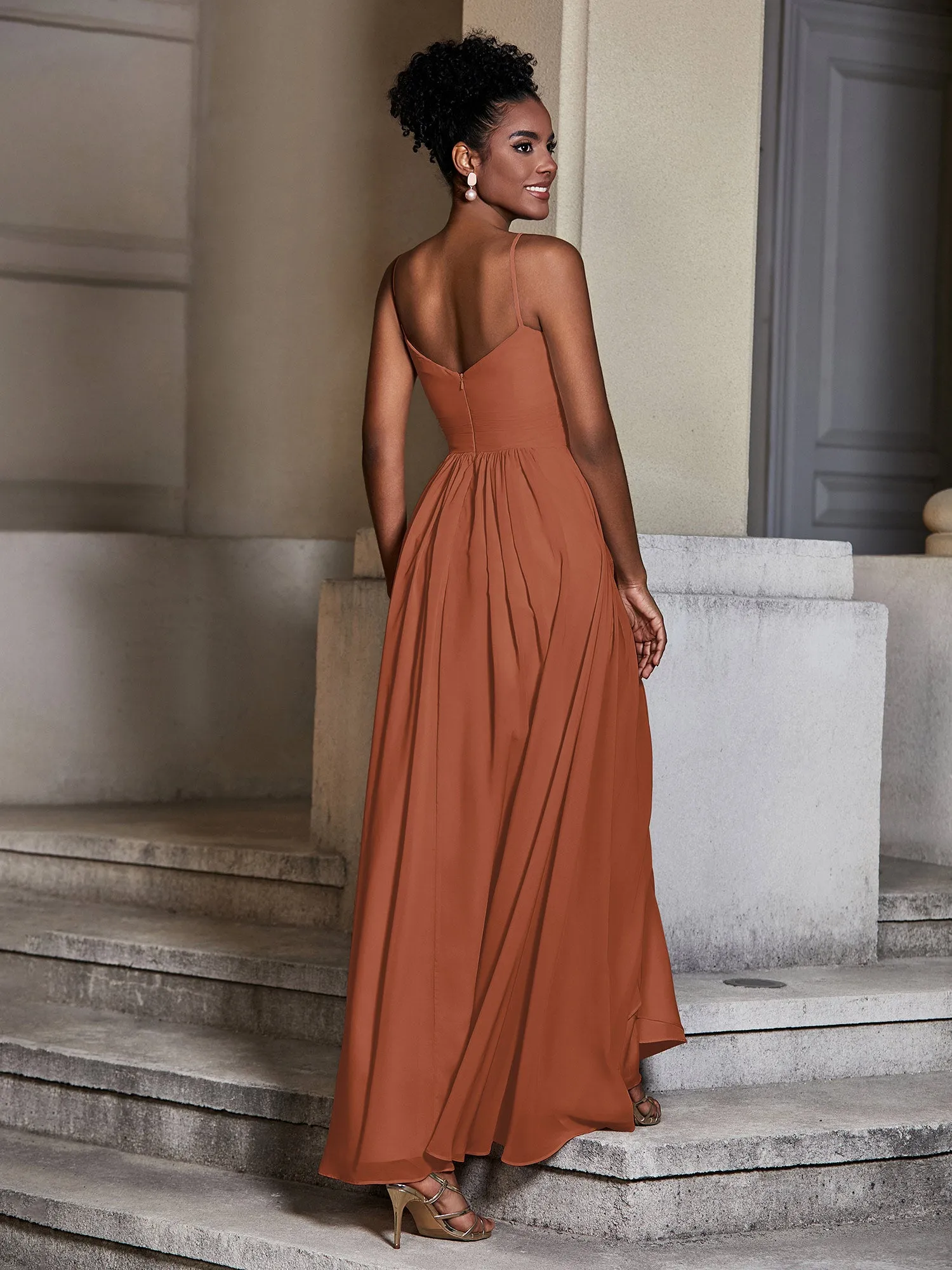 Cross Pleated Bodice Spaghetti Strap Dresses Rust