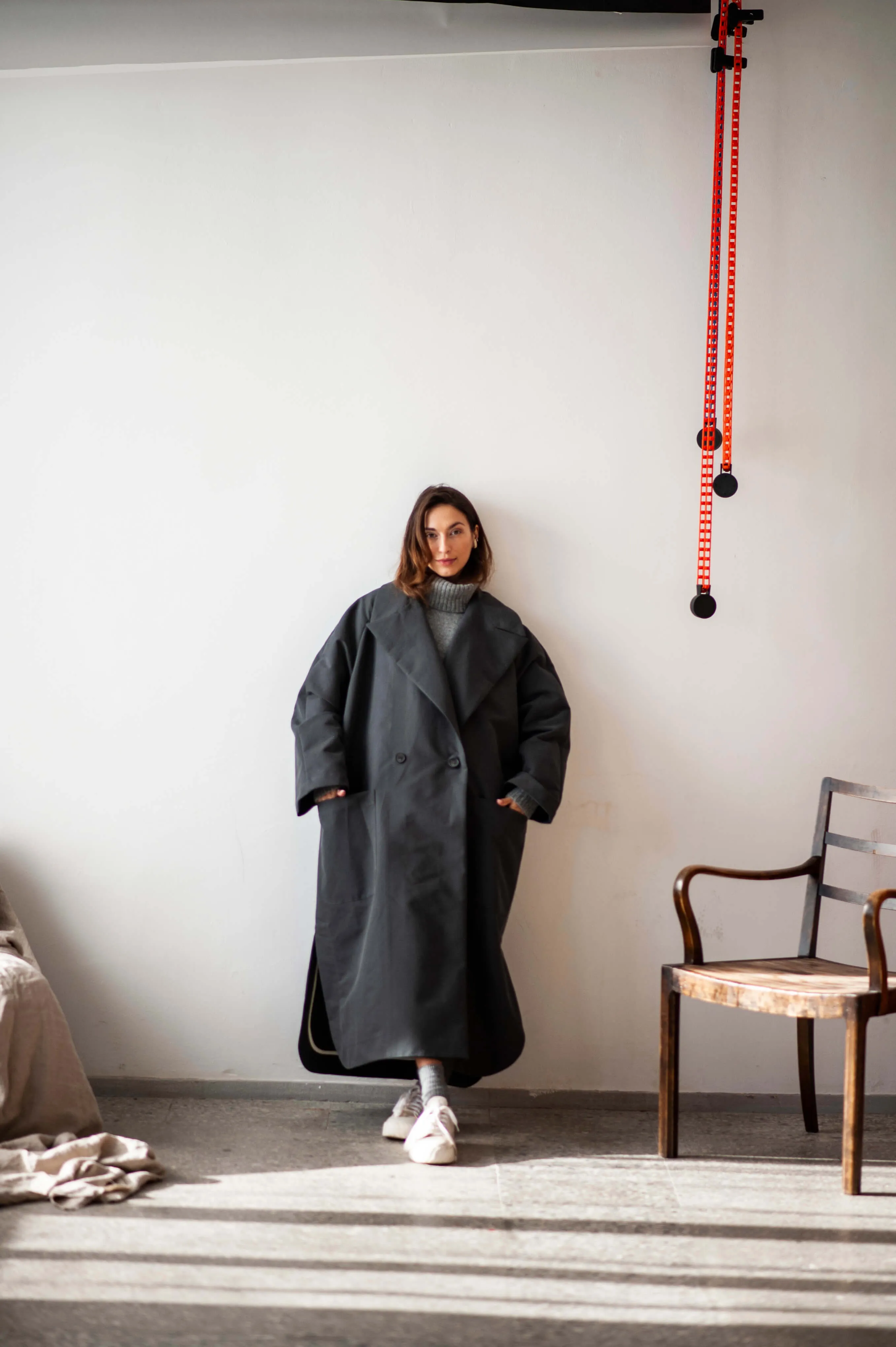 Dark grey heavy cotton long trench coat