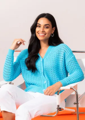Elena Wang Top - Open Weave Cardigan - Aqua