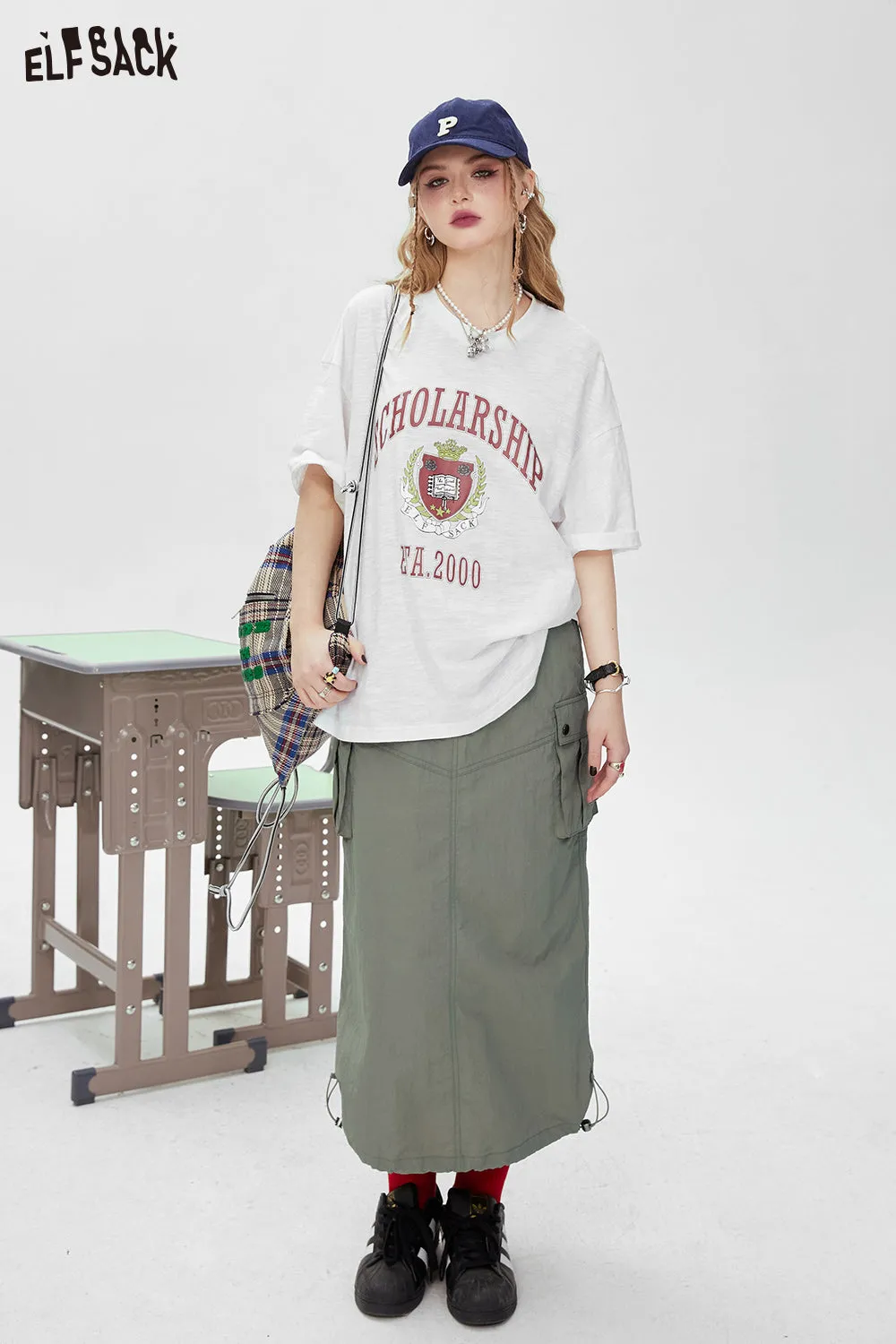 ELFSACK [Free Belt] Straight Work Dress Half Skirt for Women 2024 Spring New Versatile High Waist Long Skirt