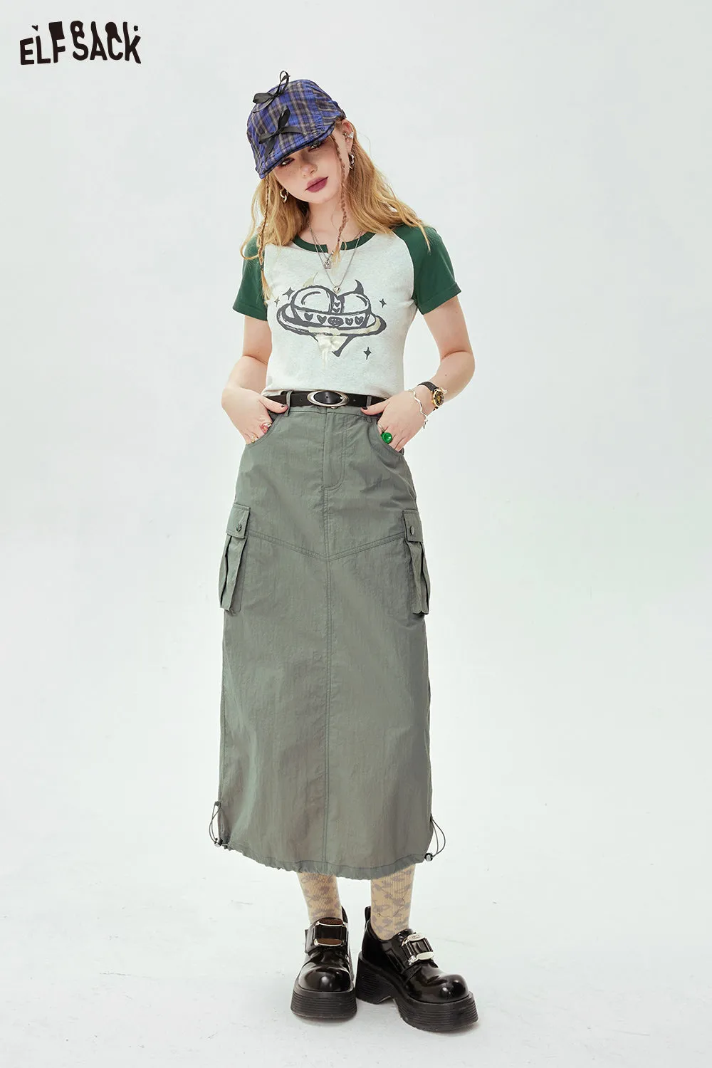 ELFSACK [Free Belt] Straight Work Dress Half Skirt for Women 2024 Spring New Versatile High Waist Long Skirt