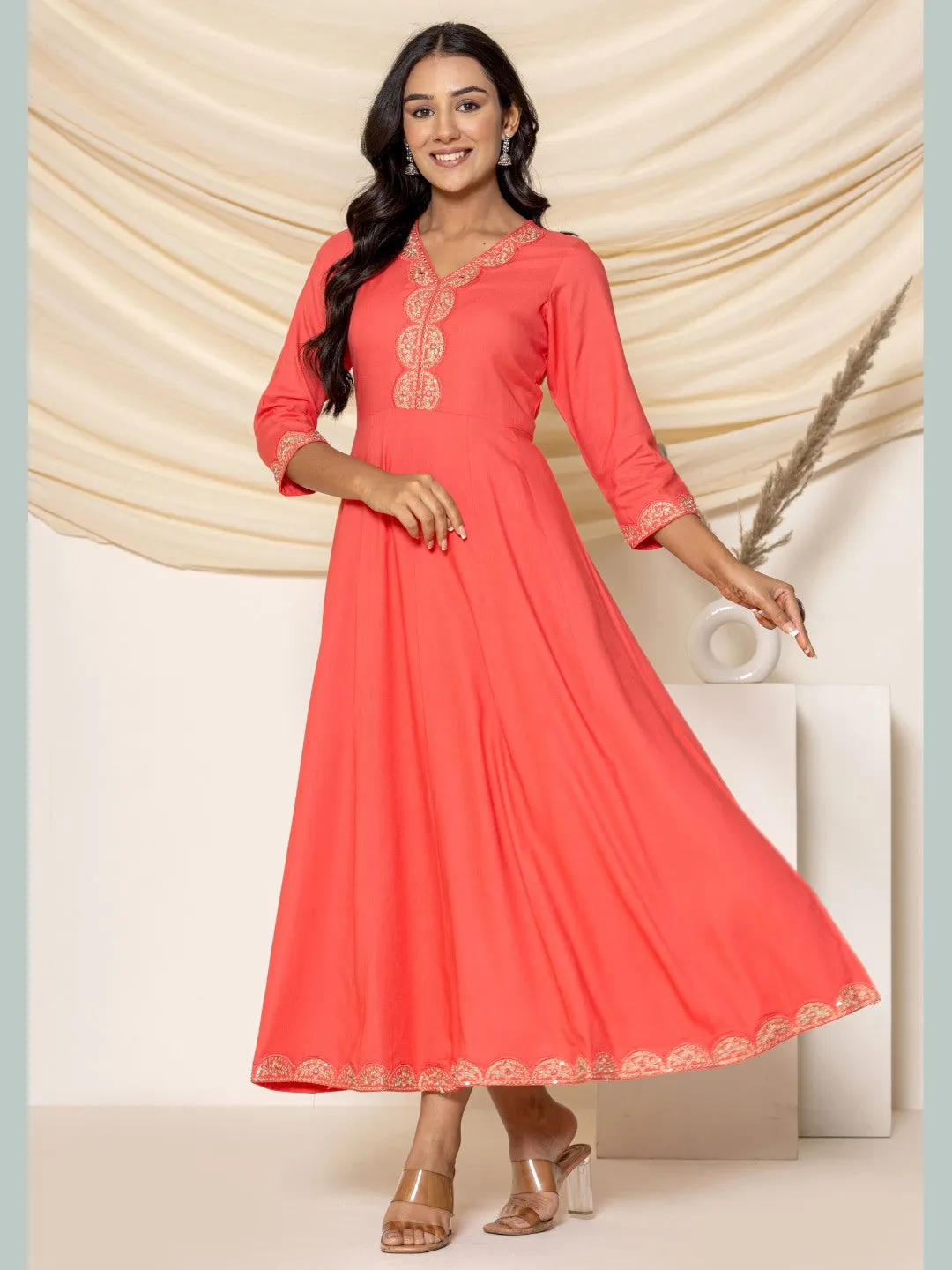 Embroidered Flared Anarkali Maxi Dress -Peach