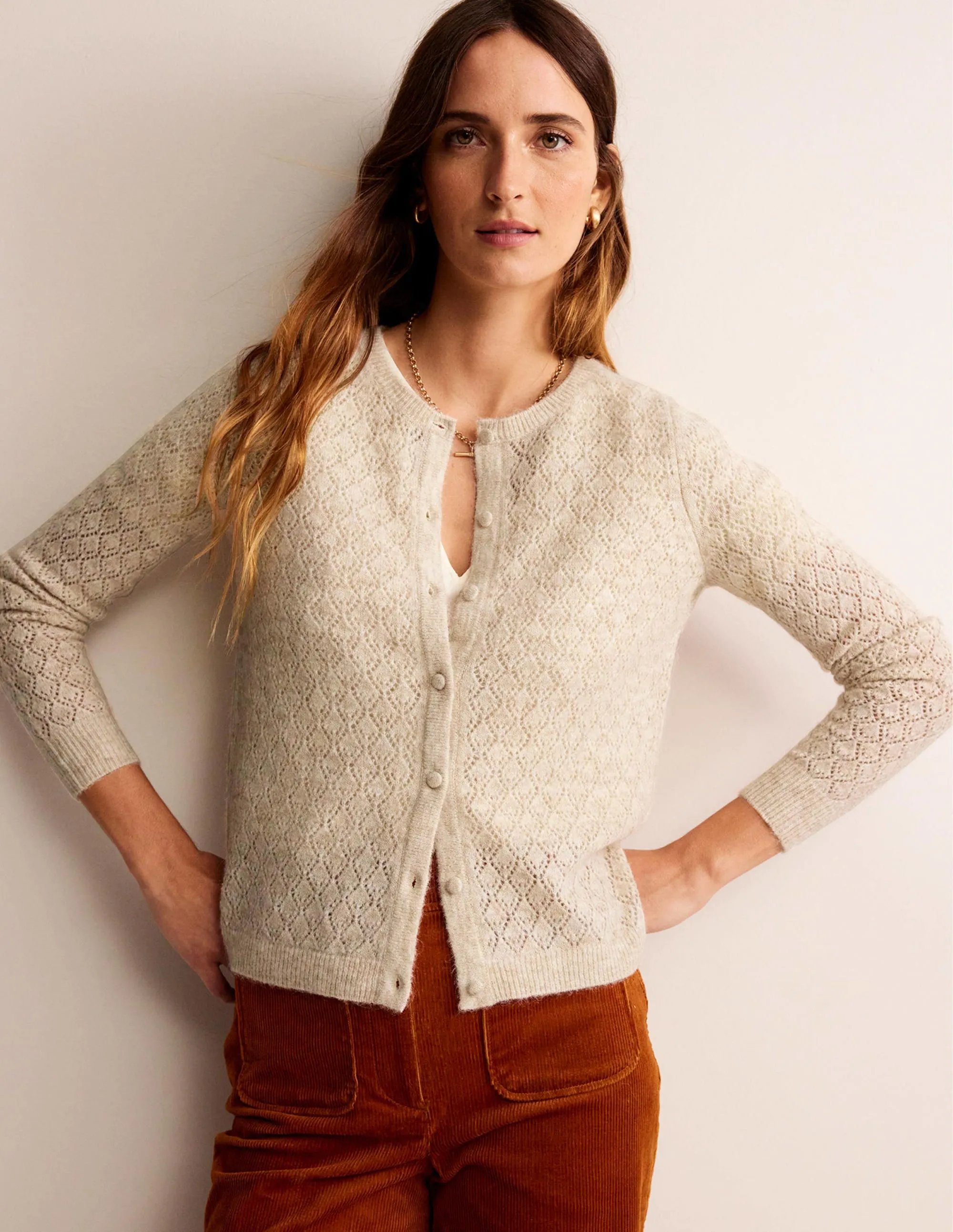 Fluffy Pointelle Cardigan-Oatmeal Melange