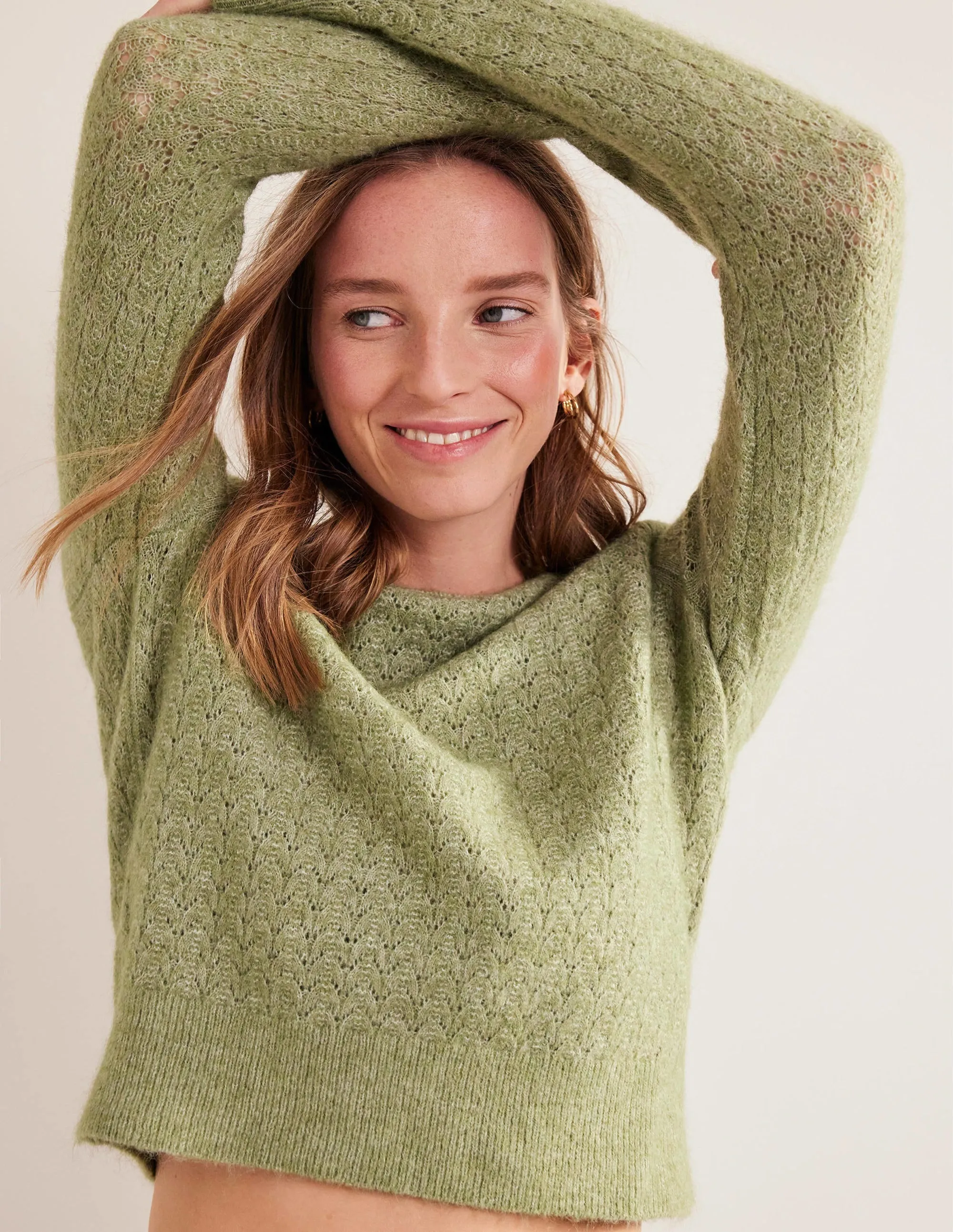 Fluffy Pointelle Jumper-Stone Green