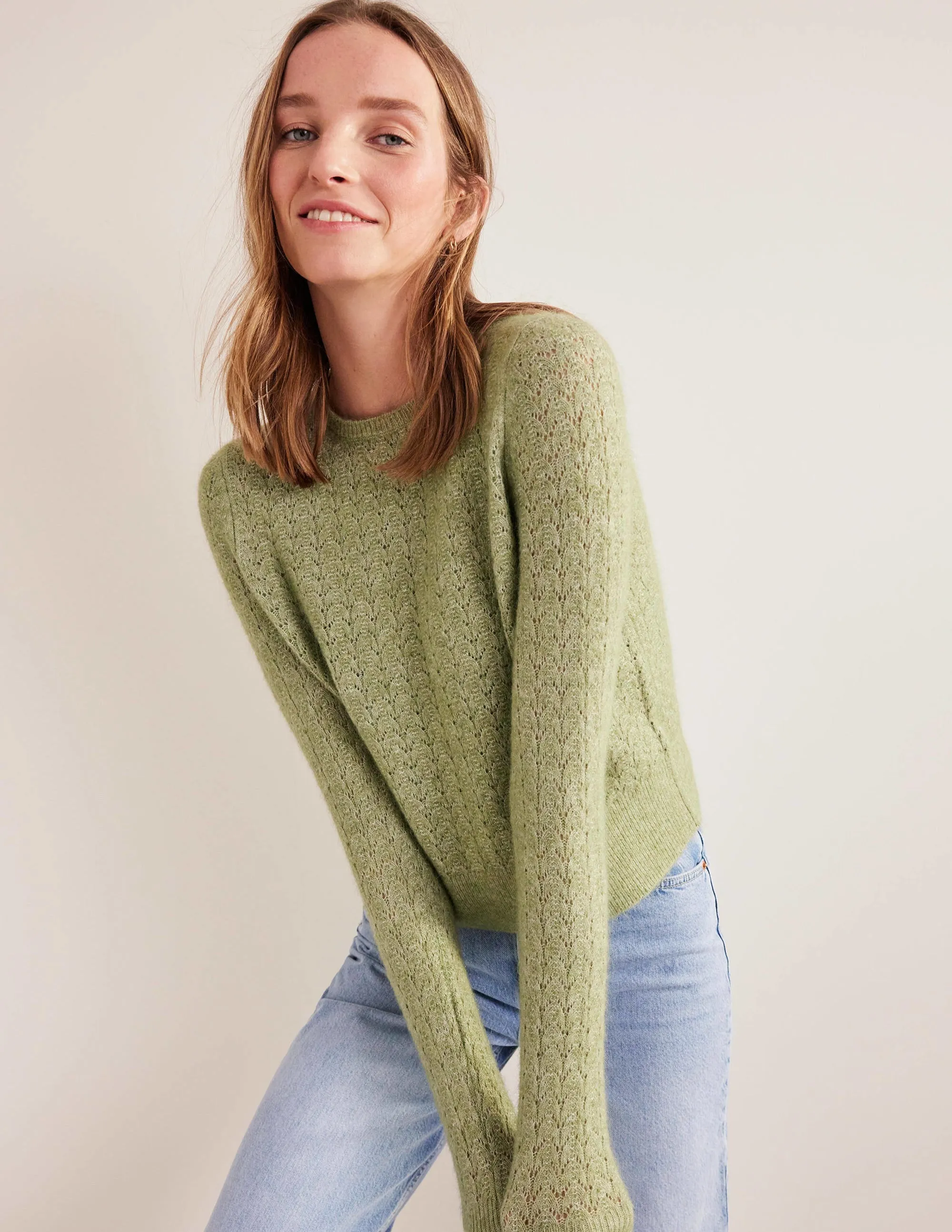 Fluffy Pointelle Jumper-Stone Green