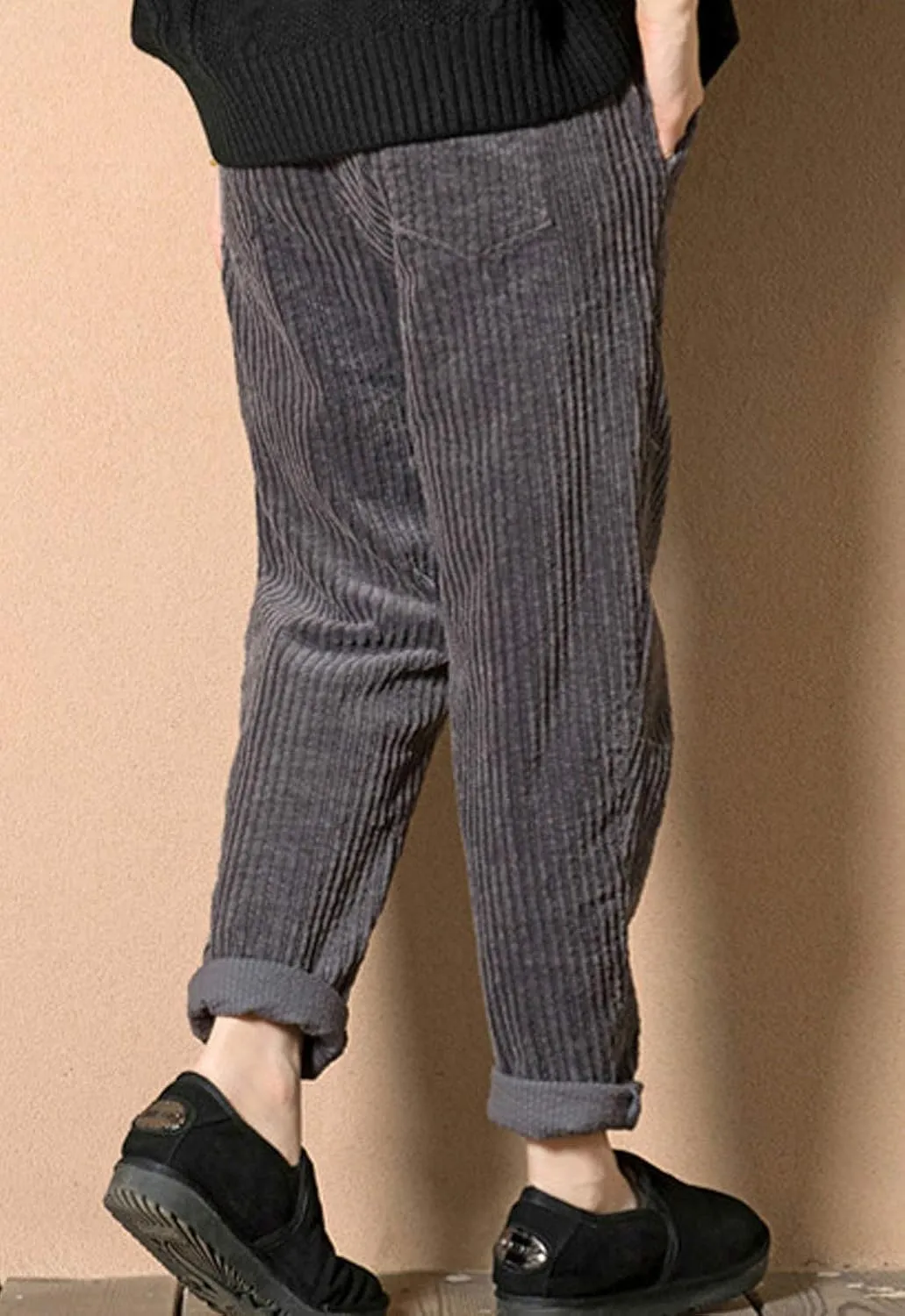 Flygo Women's Casual Elastic Waist Loose Fit Corduroy Harem Pants Trousers