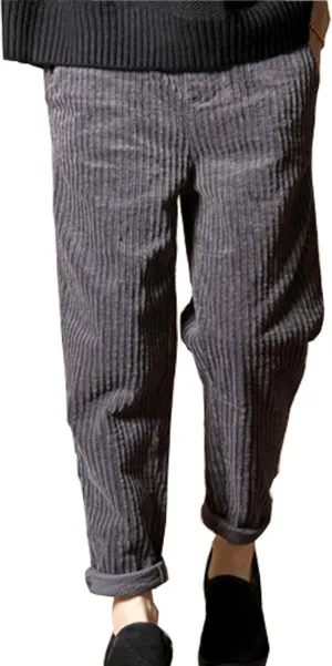 Flygo Women's Casual Elastic Waist Loose Fit Corduroy Harem Pants Trousers