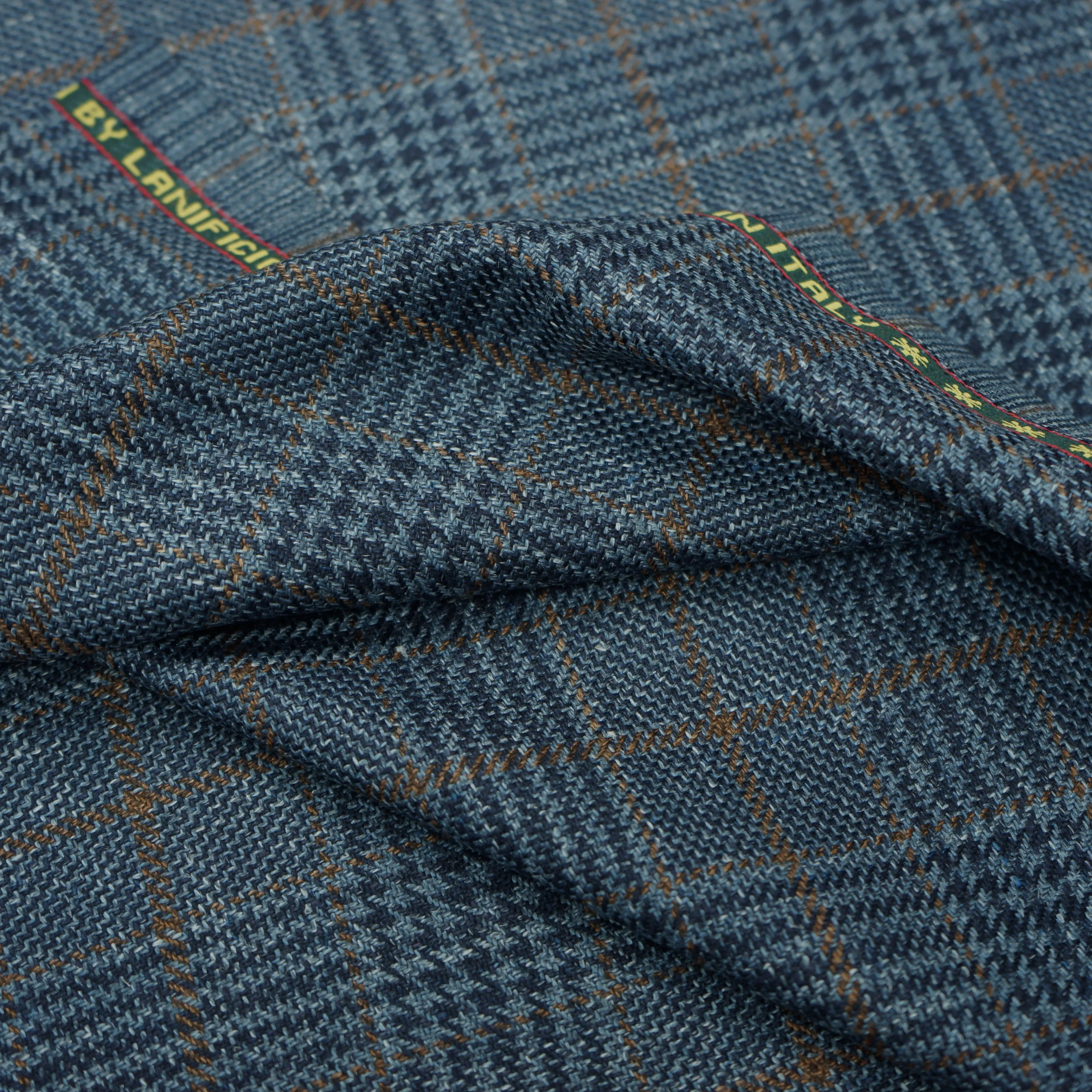 Greenish Blue Glen Plaid Prince of Wales Loro Piana Wool Silk and Linen Summertime Wool Fabric