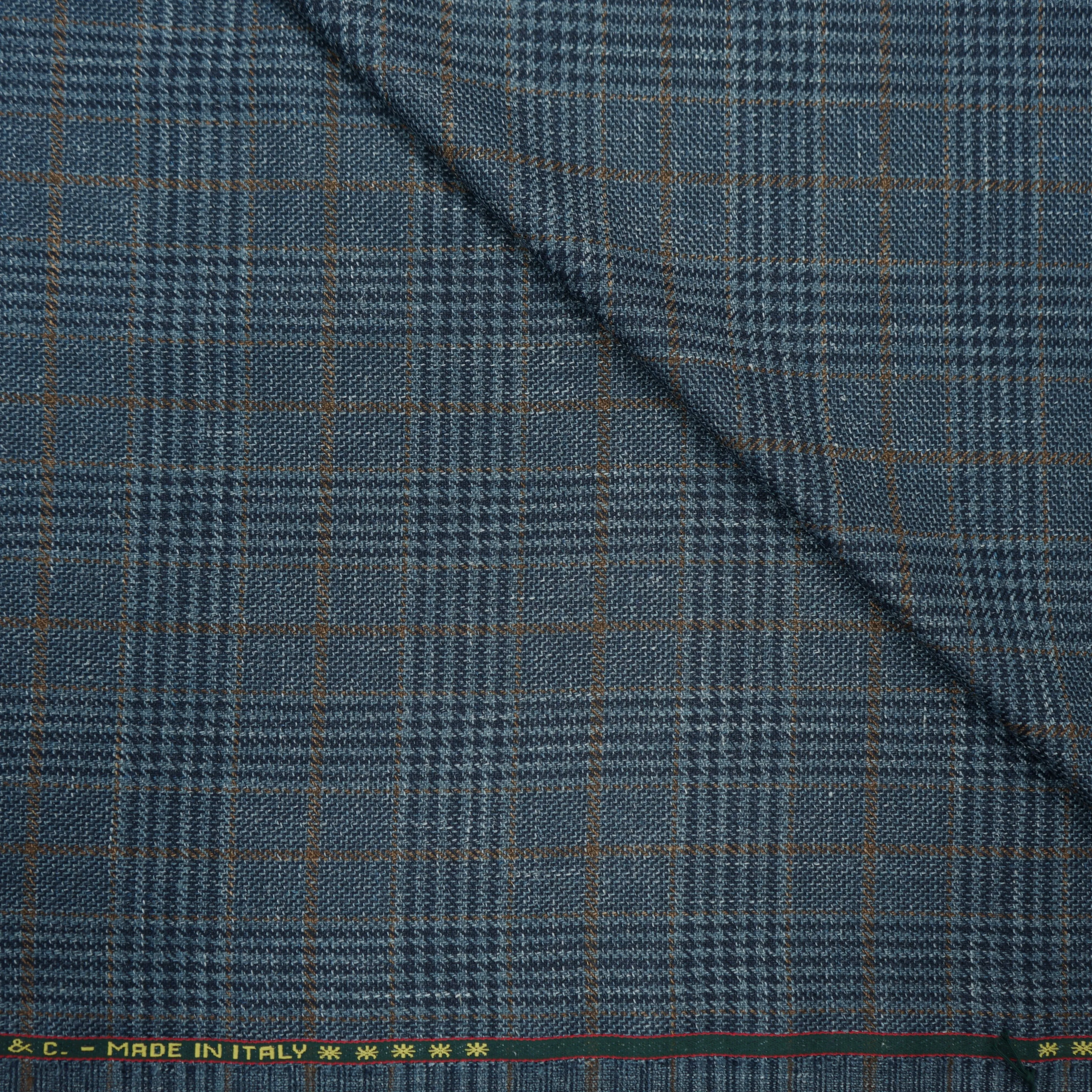 Greenish Blue Glen Plaid Prince of Wales Loro Piana Wool Silk and Linen Summertime Wool Fabric