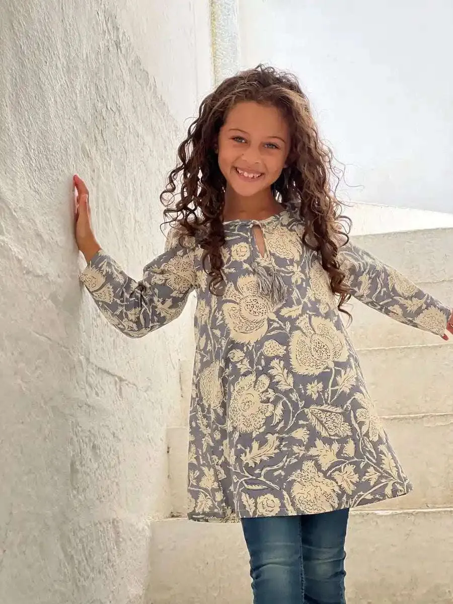 Gypsy Tunic- Blue with Cream Florals