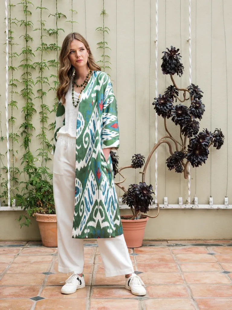 Handwoven Reversible Silk Ikat Summer Coat - Green Paradise