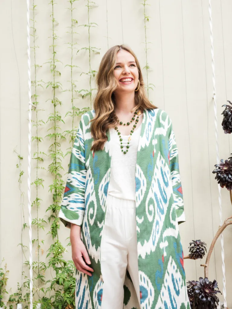 Handwoven Reversible Silk Ikat Summer Coat - Green Paradise