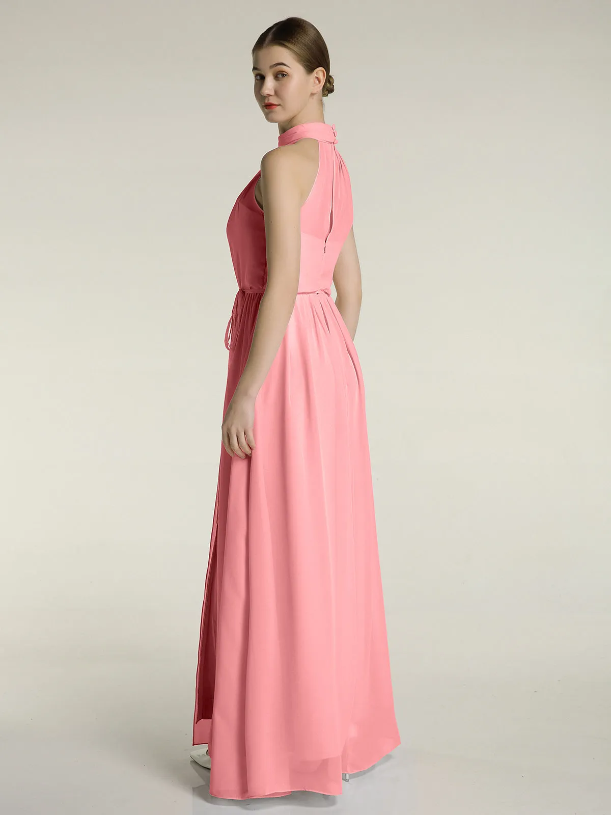 High Neck Chiffon Dresses with Slit and Sash Bow-Flamingo
