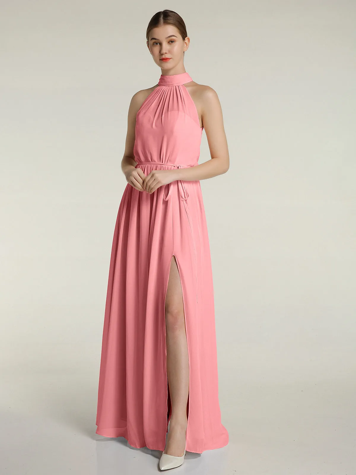 High Neck Chiffon Dresses with Slit and Sash Bow-Flamingo
