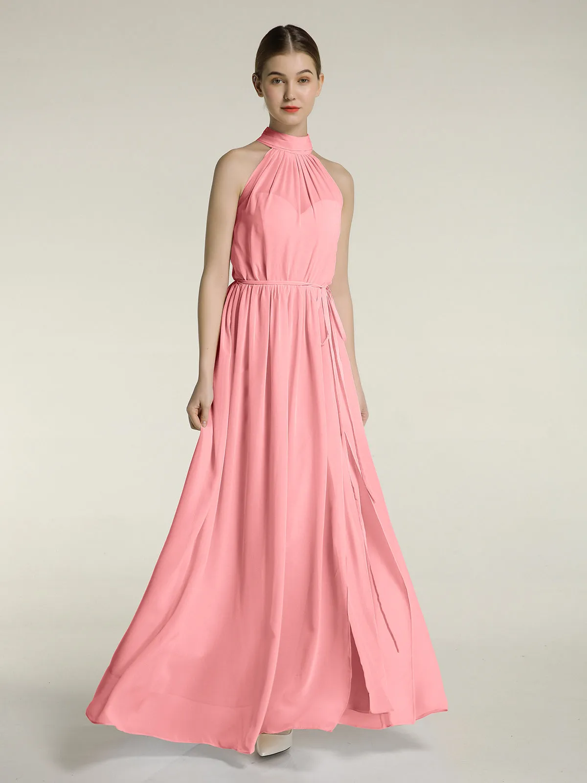 High Neck Chiffon Dresses with Slit and Sash Bow-Flamingo
