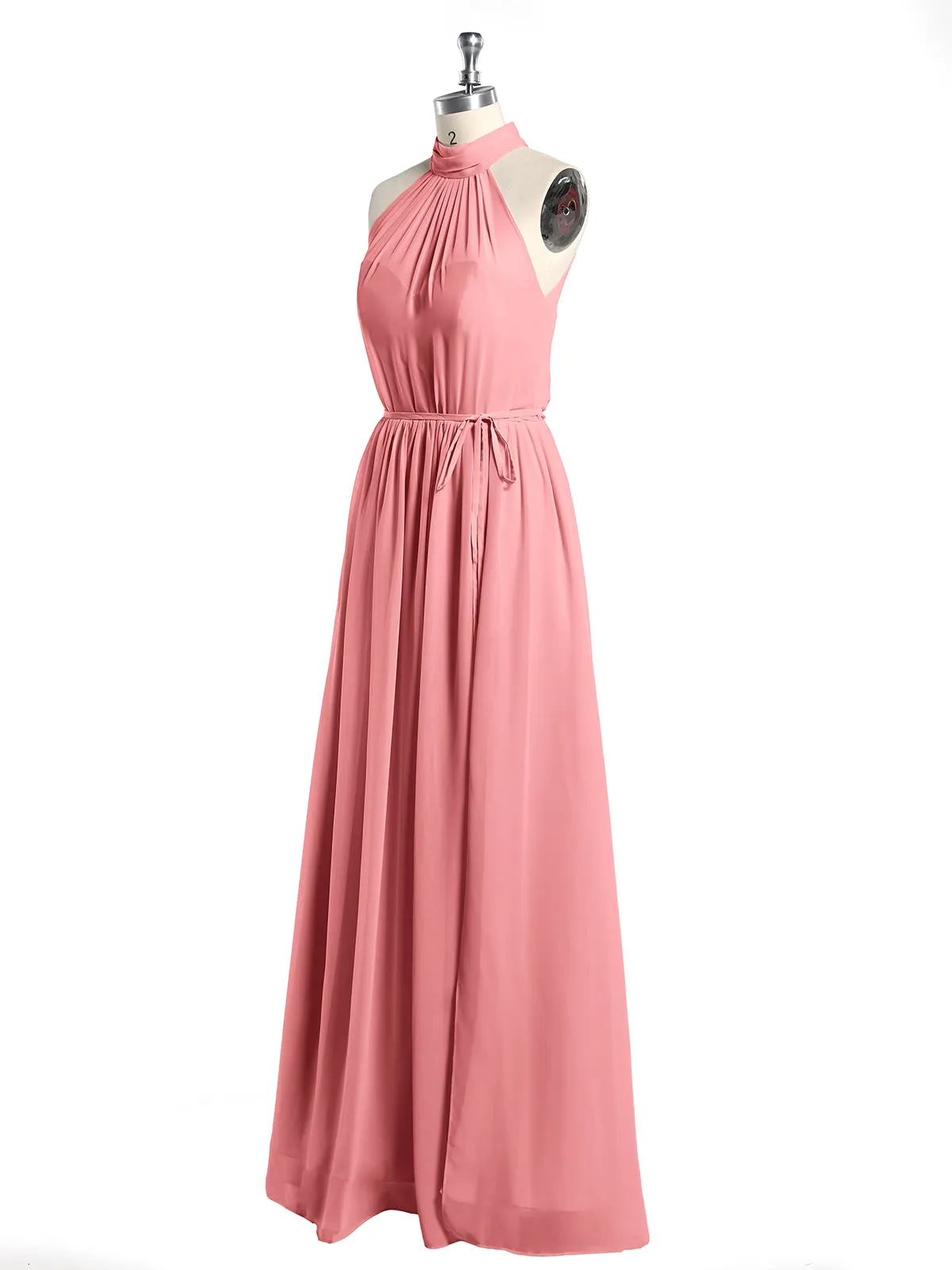High Neck Chiffon Dresses with Slit and Sash Bow-Flamingo