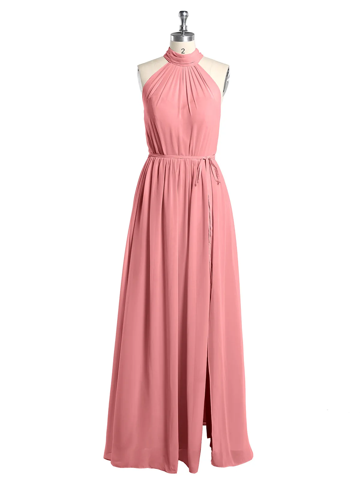High Neck Chiffon Dresses with Slit and Sash Bow-Flamingo